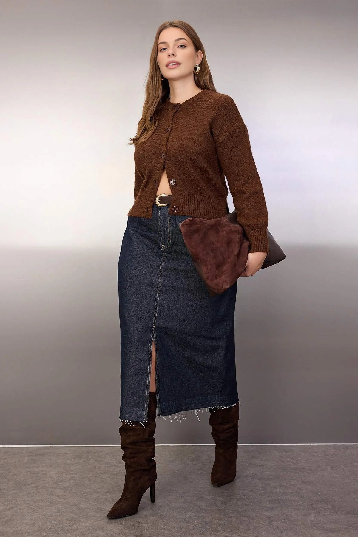 Front Slit Midi Length 100% Cotton Non-Stretch Plus Size Denim Skirt