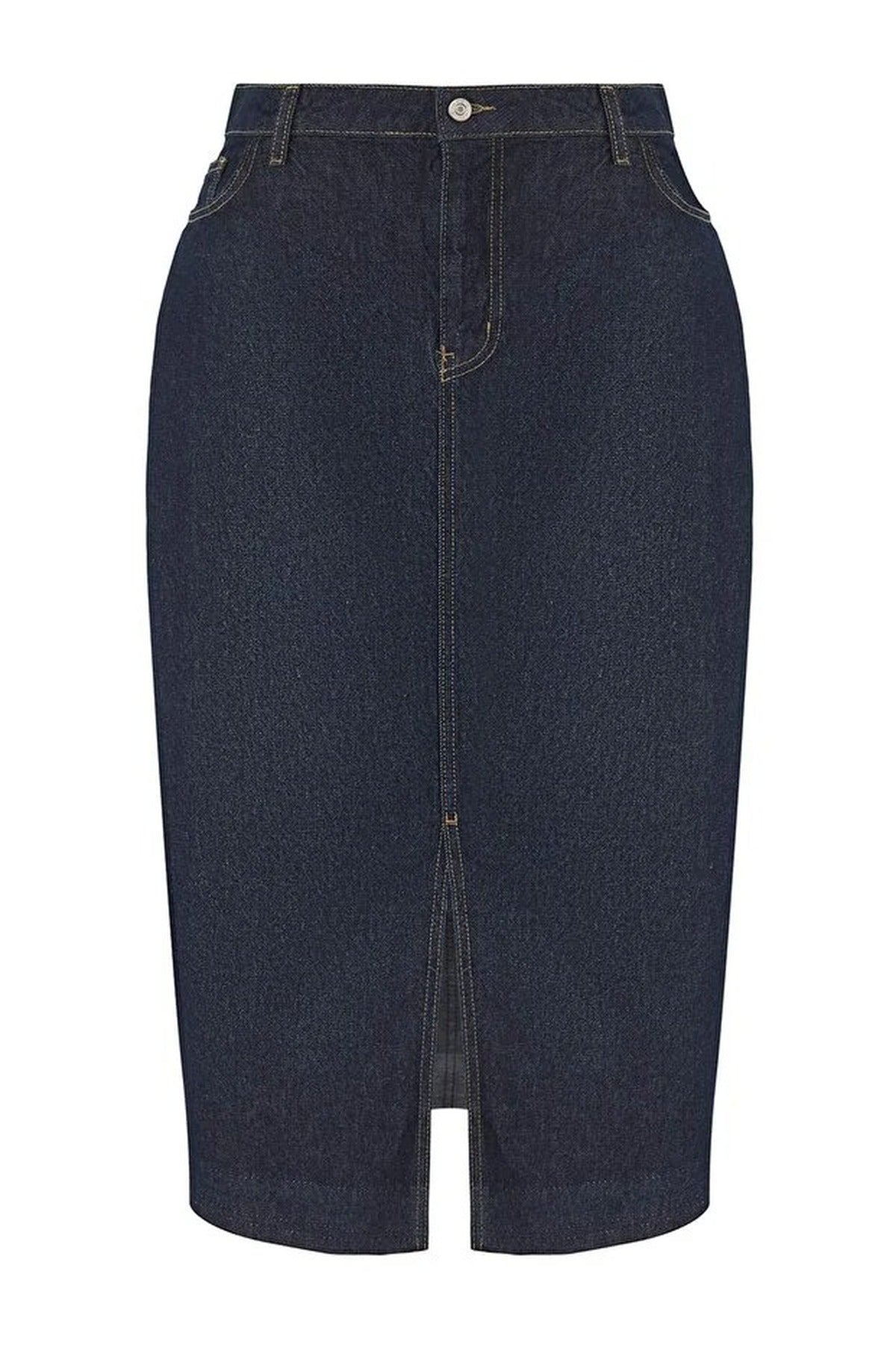 Front Slit Midi Length 100% Cotton Non-Stretch Plus Size Denim Skirt