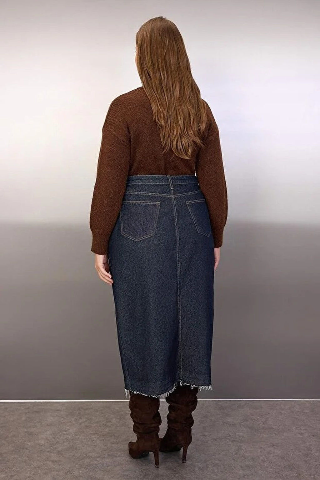 Front Slit Midi Length 100% Cotton Non-Stretch Plus Size Denim Skirt