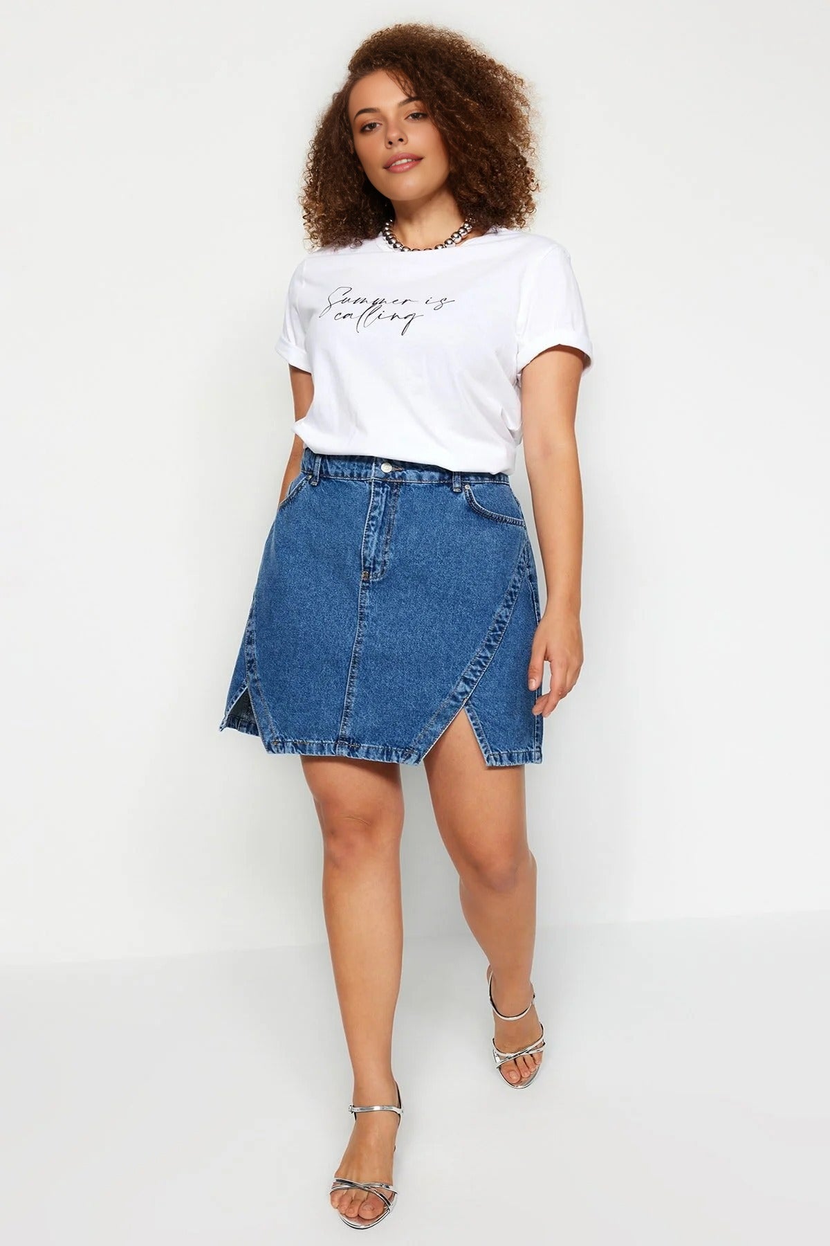 Double Slit A-line Plus Size Denim Skirt