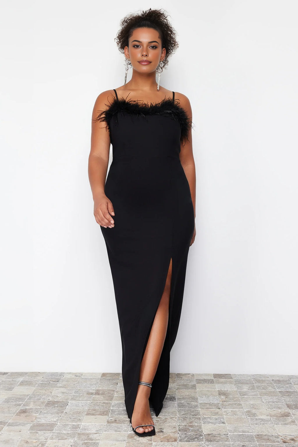 Feather Trimmed Strapless Woven Plus Size Evening Dress