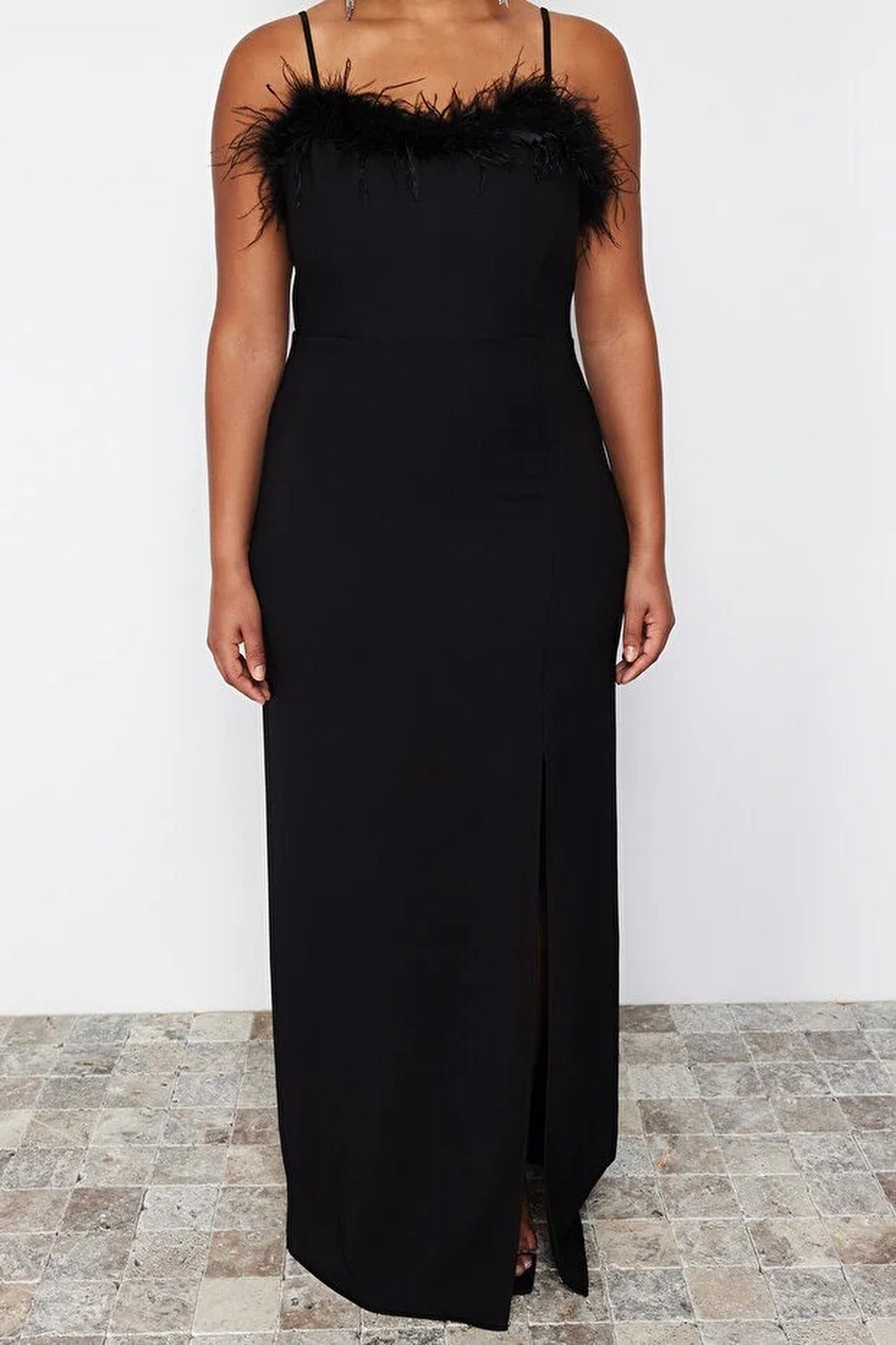 Feather Trimmed Strapless Woven Plus Size Evening Dress