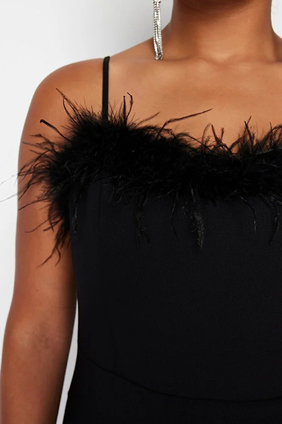 Feather Trimmed Strapless Woven Plus Size Evening Dress