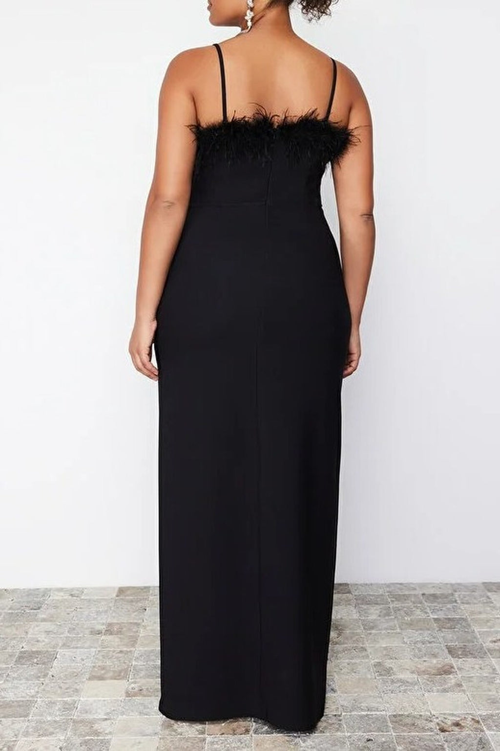 Feather Trimmed Strapless Woven Plus Size Evening Dress