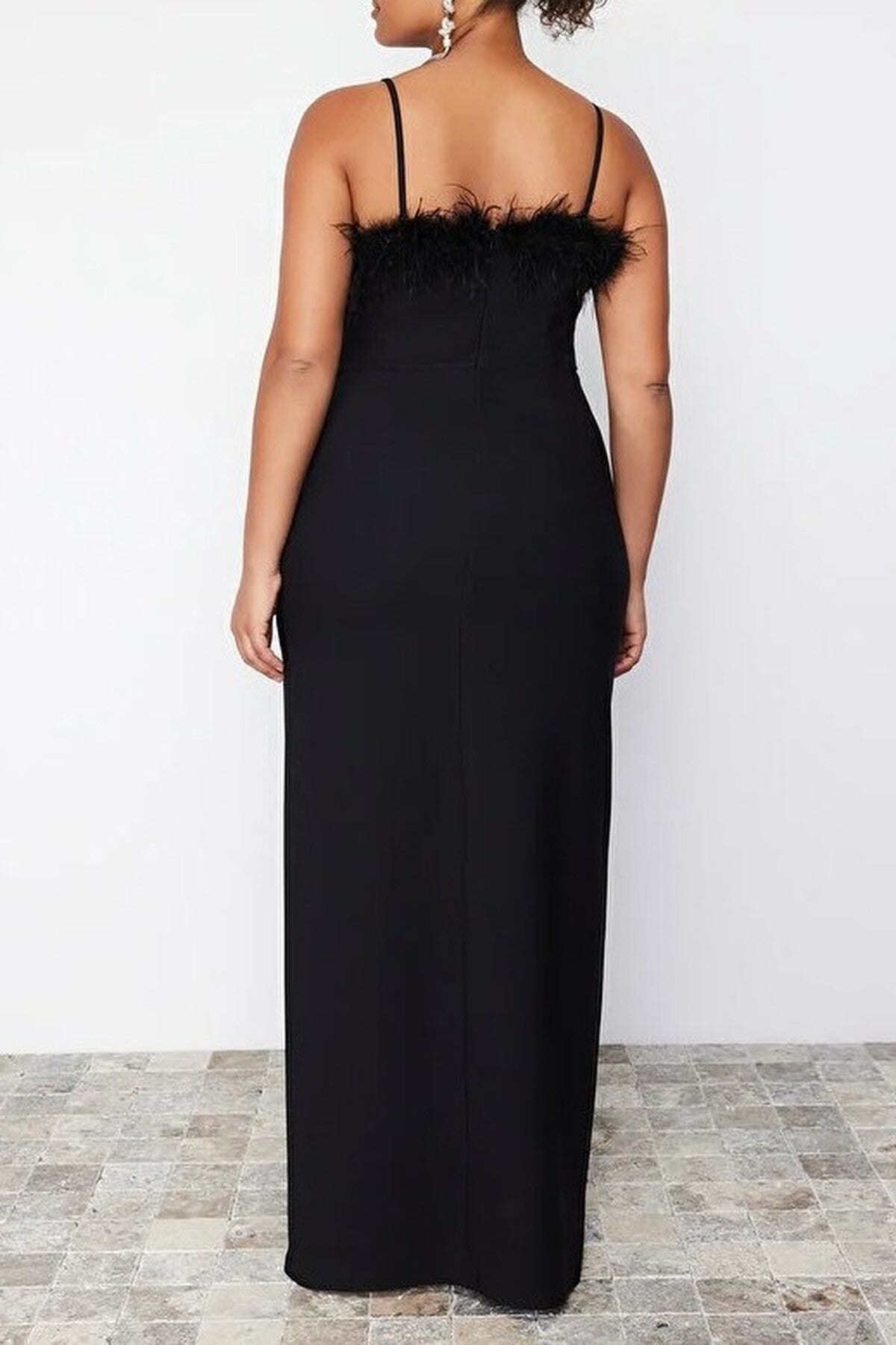 Feather Trimmed Strapless Woven Plus Size Evening Dress