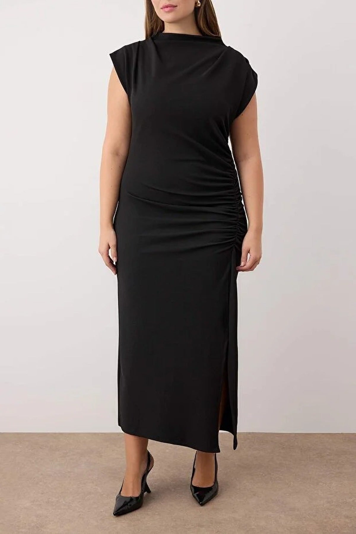 Midi Knit Dress with Gathering Detail