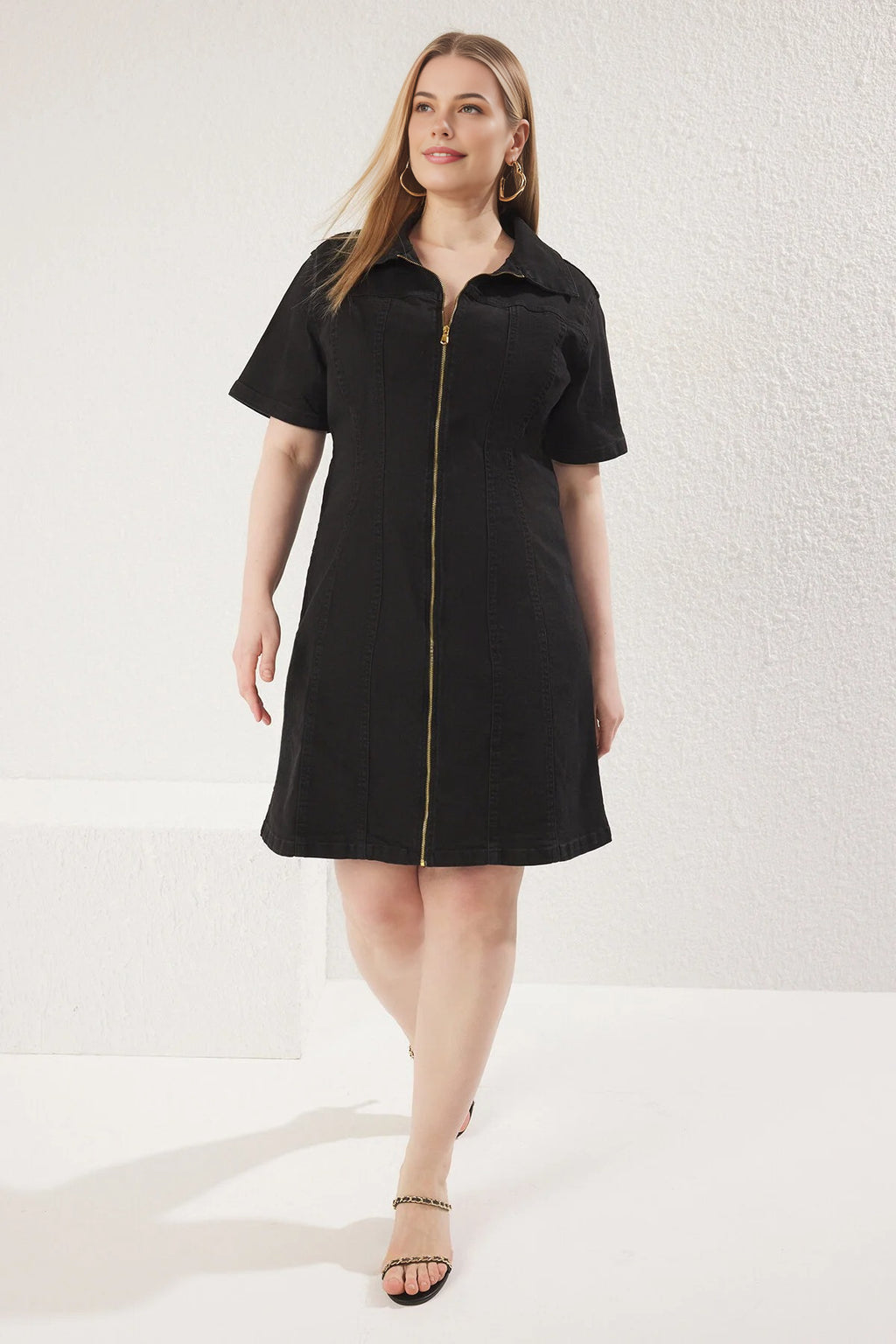 Front Zipper Medium Stretch Denim Plus Size Dress