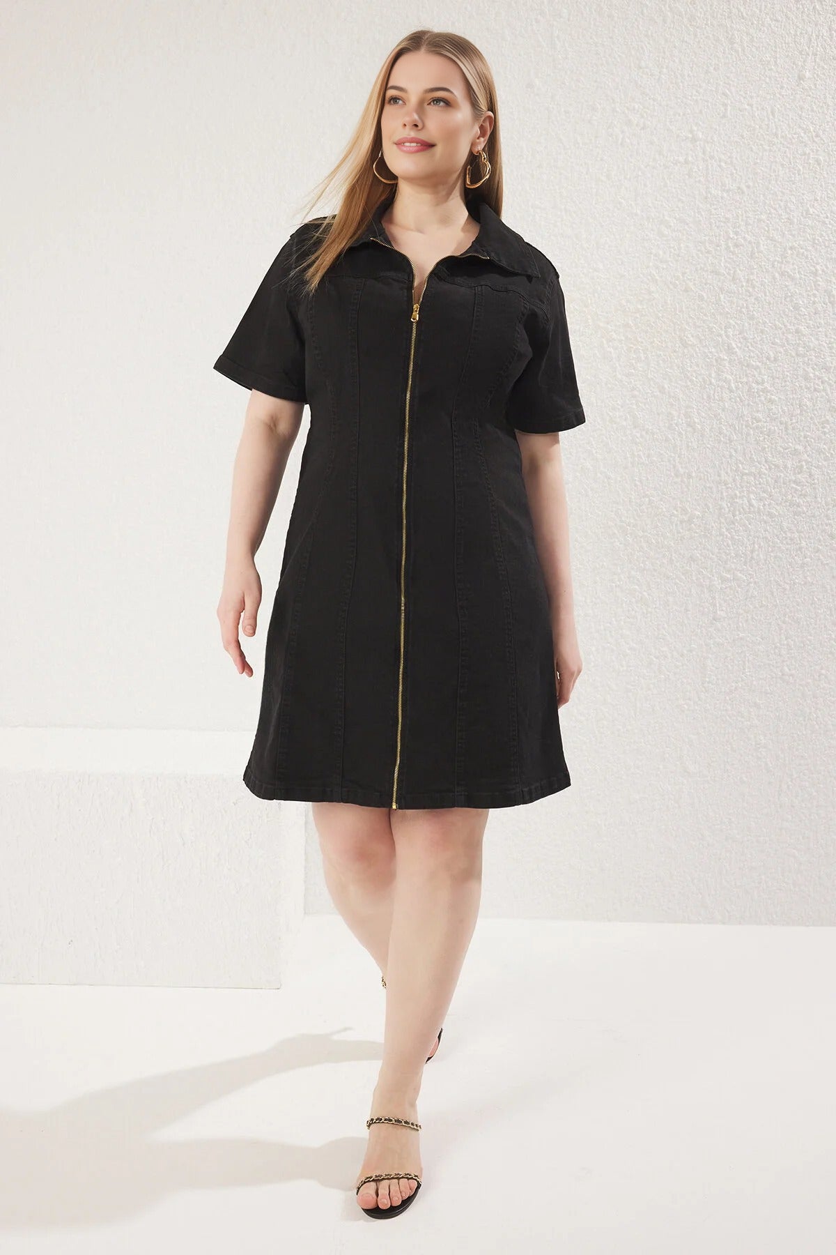 Front Zipper Medium Stretch Denim Plus Size Dress
