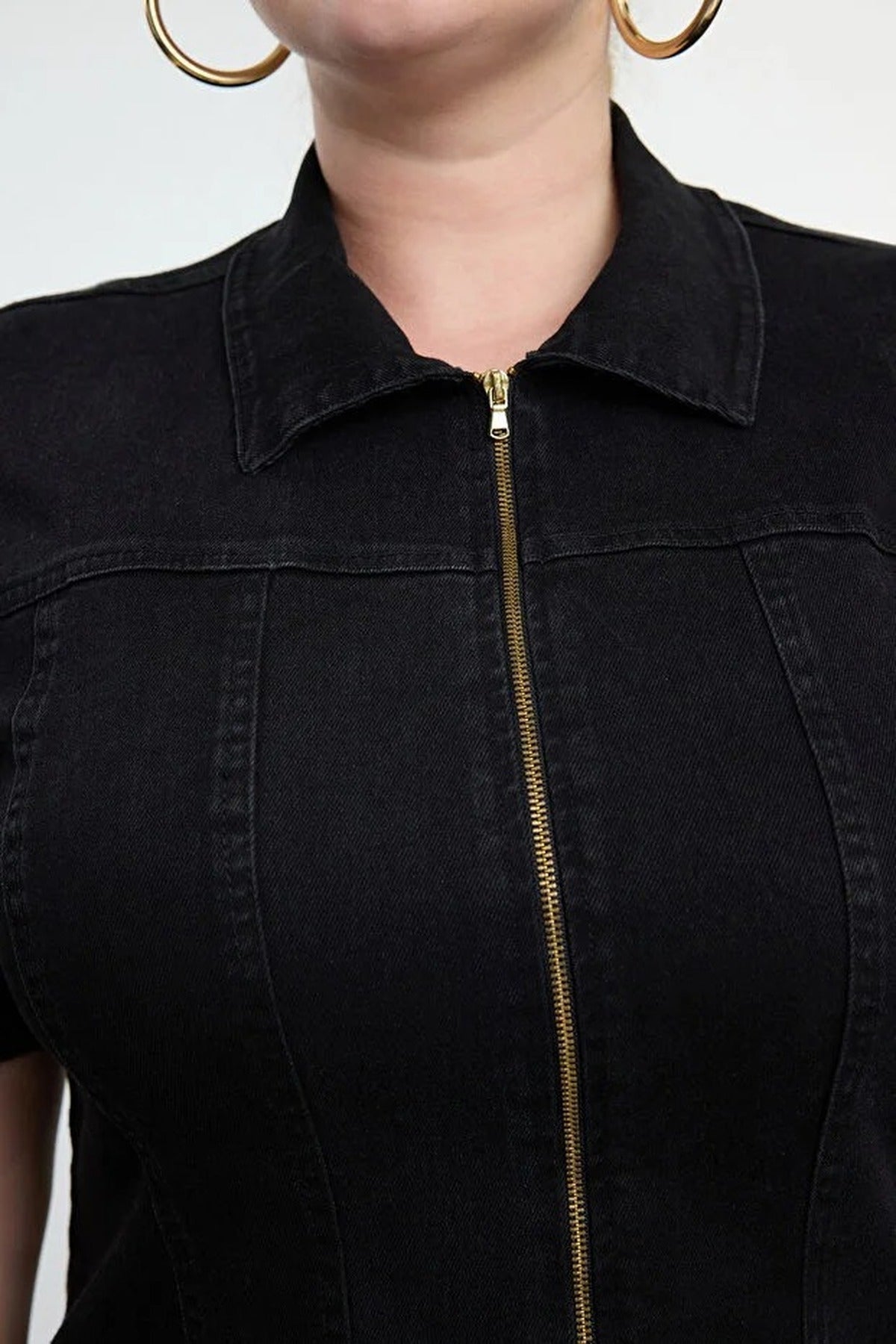 Front Zipper Medium Stretch Denim Plus Size Dress