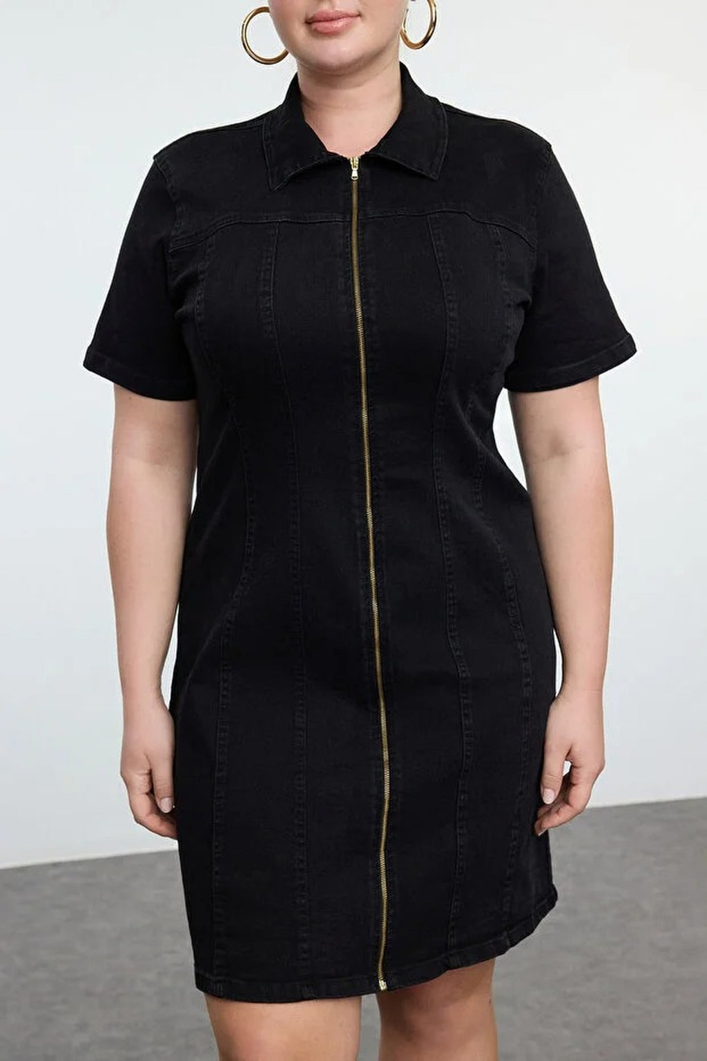 Front Zipper Medium Stretch Denim Plus Size Dress