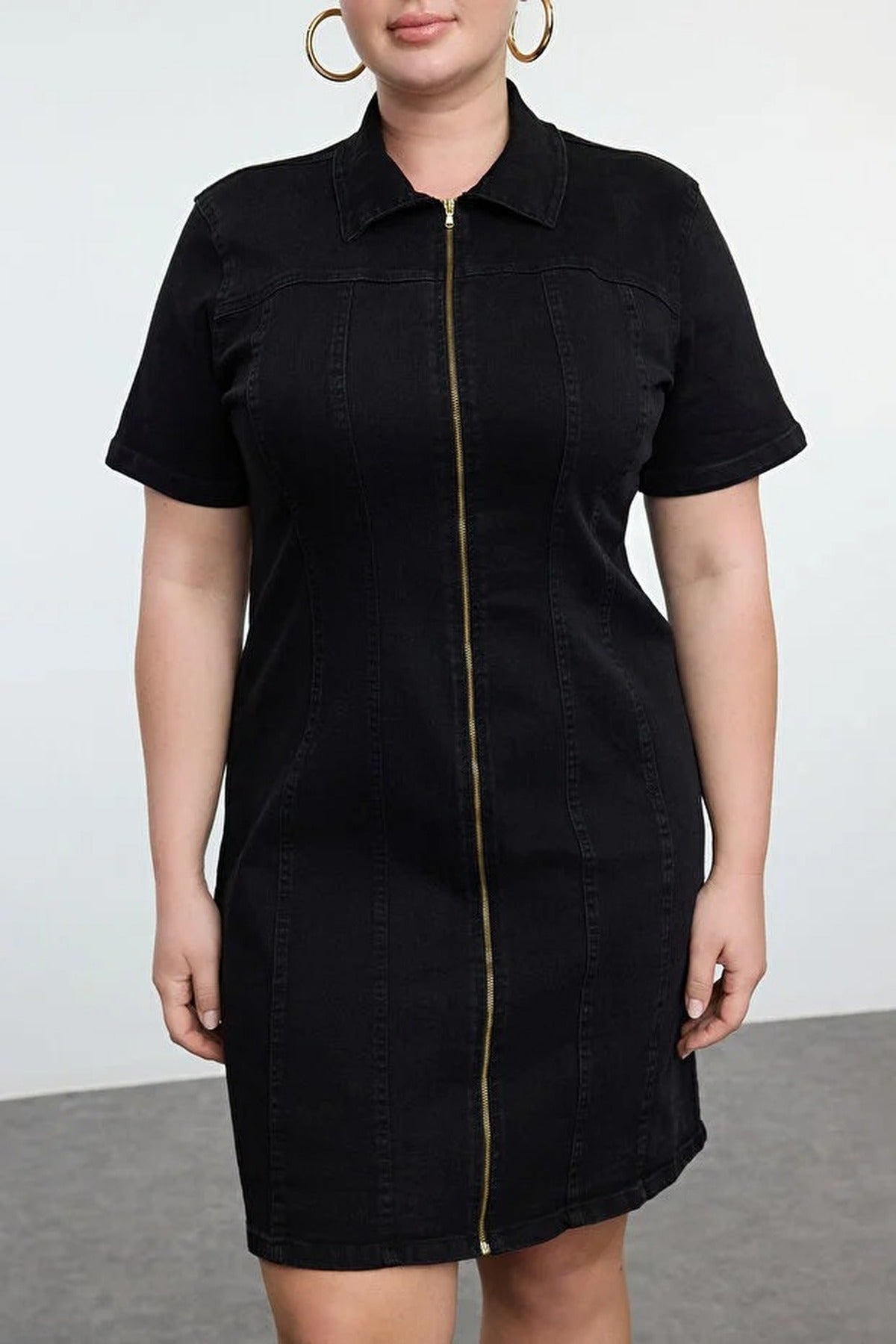 Front Zipper Medium Stretch Denim Plus Size Dress