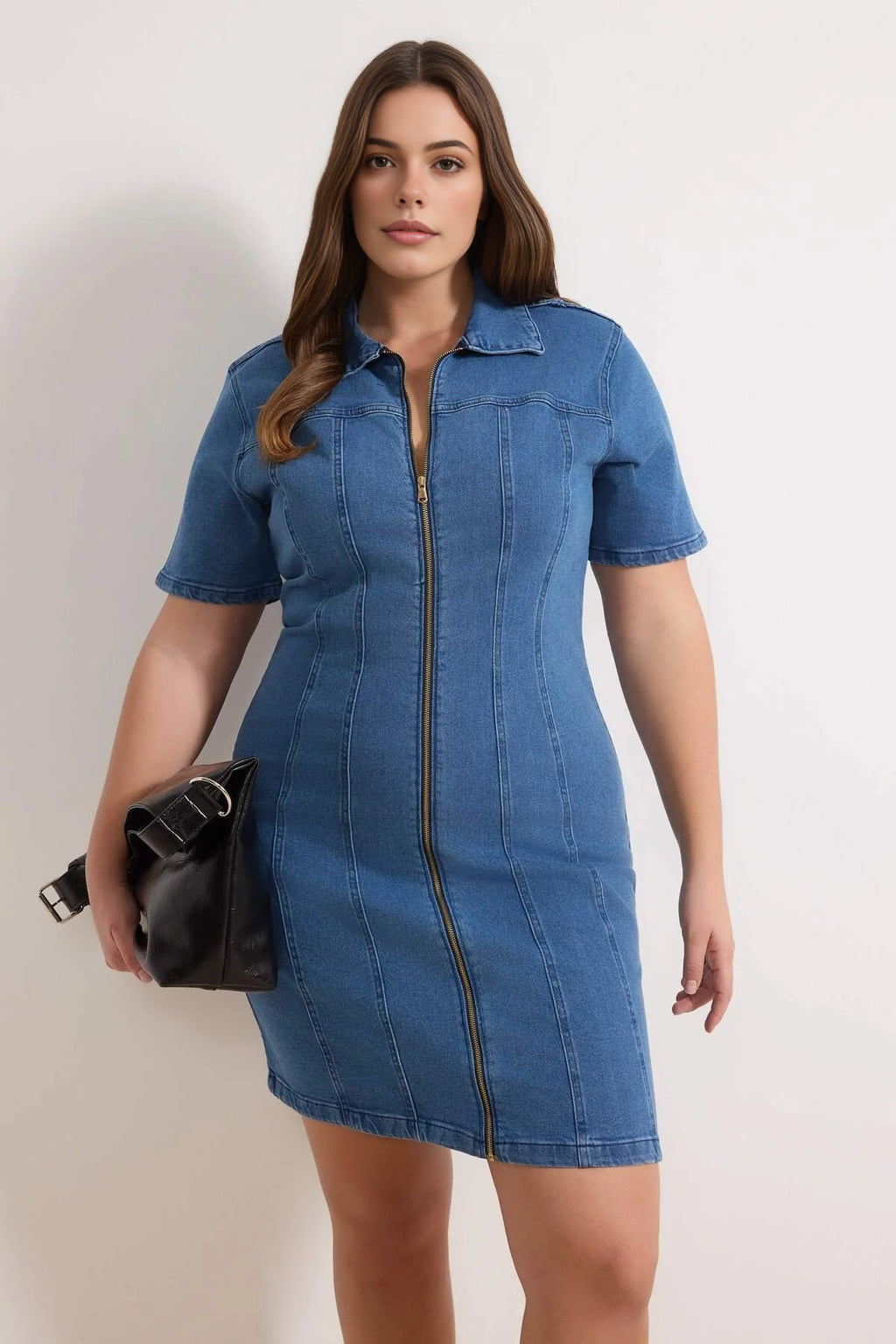 Front Zipper Medium Stretch Denim Plus Size Dress