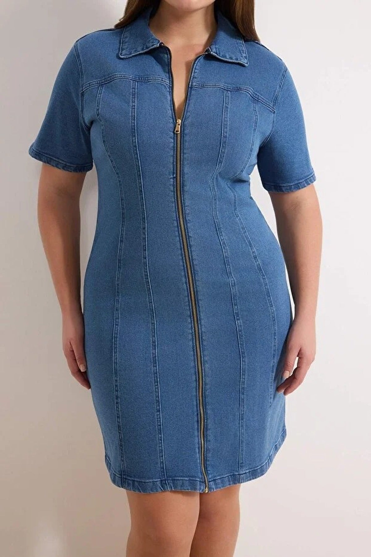 Front Zipper Medium Stretch Denim Plus Size Dress