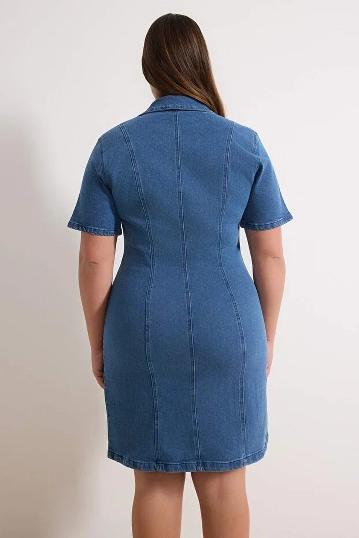 Front Zipper Medium Stretch Denim Plus Size Dress