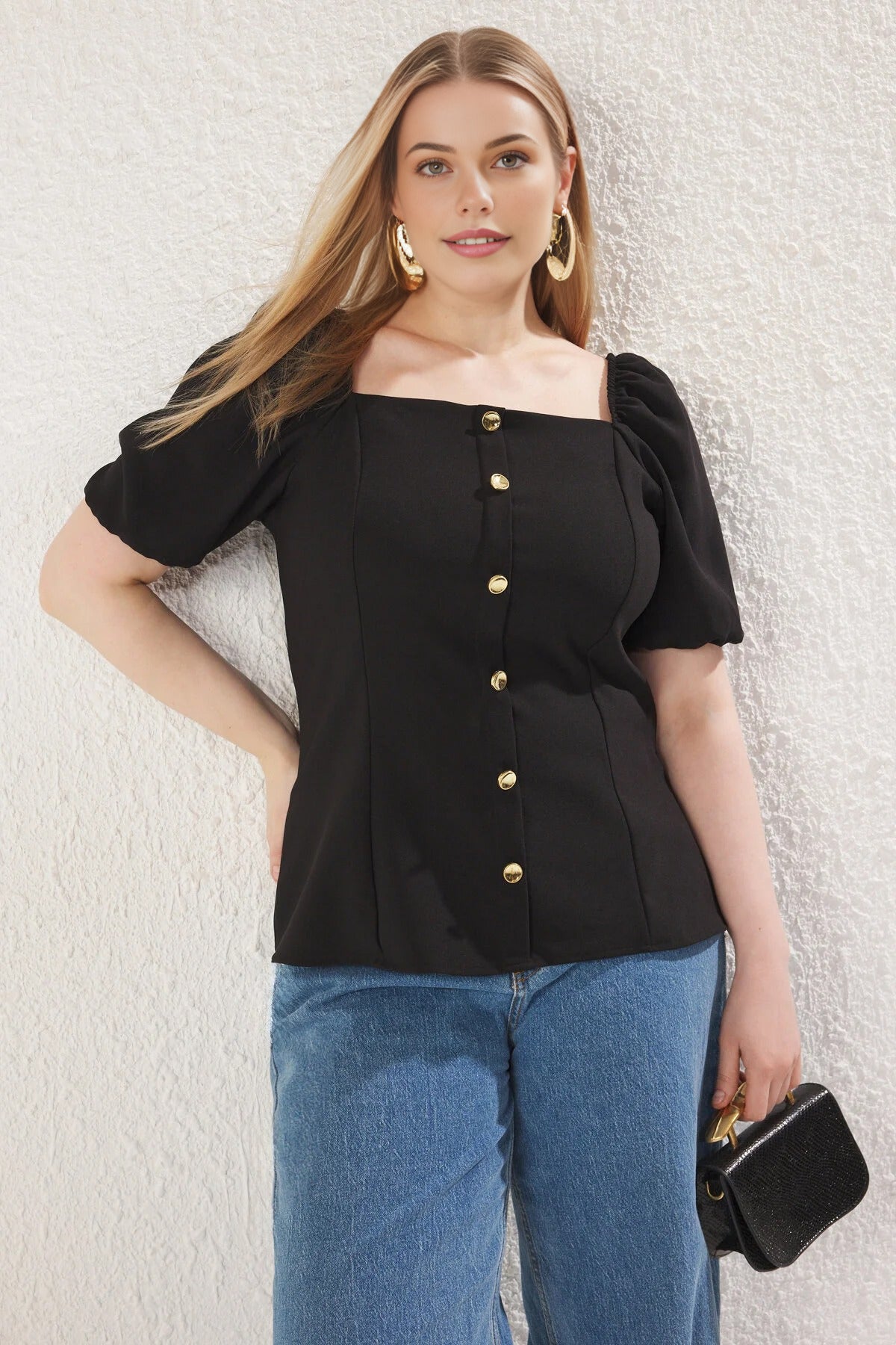 Square Neck Balloon Sleeve Button Detail Woven Plus Size Blouse