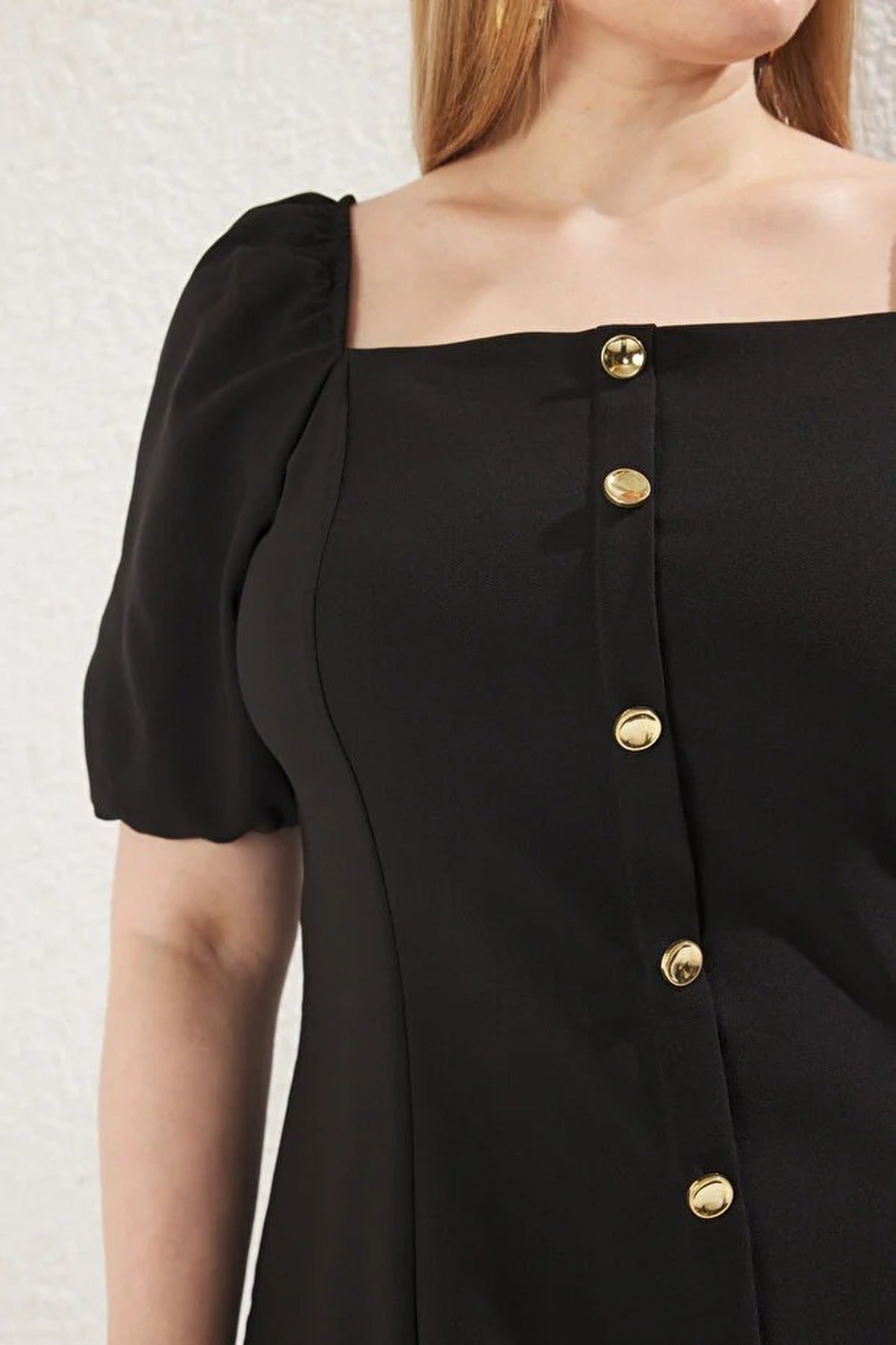 Square Neck Balloon Sleeve Button Detail Woven Plus Size Blouse