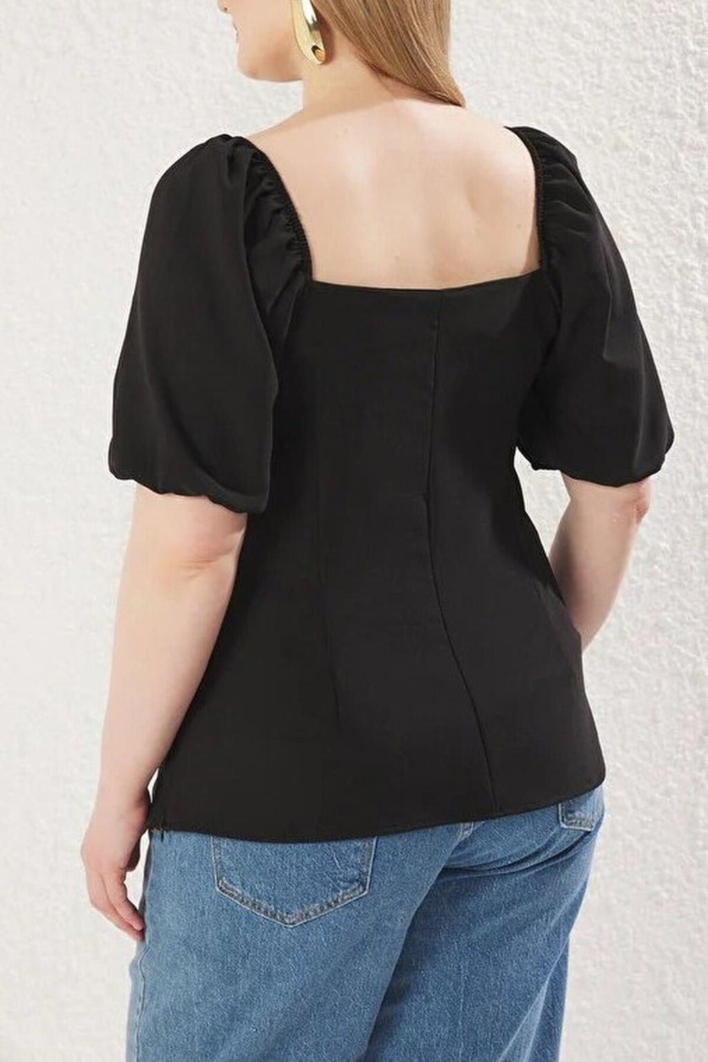 Square Neck Balloon Sleeve Button Detail Woven Plus Size Blouse
