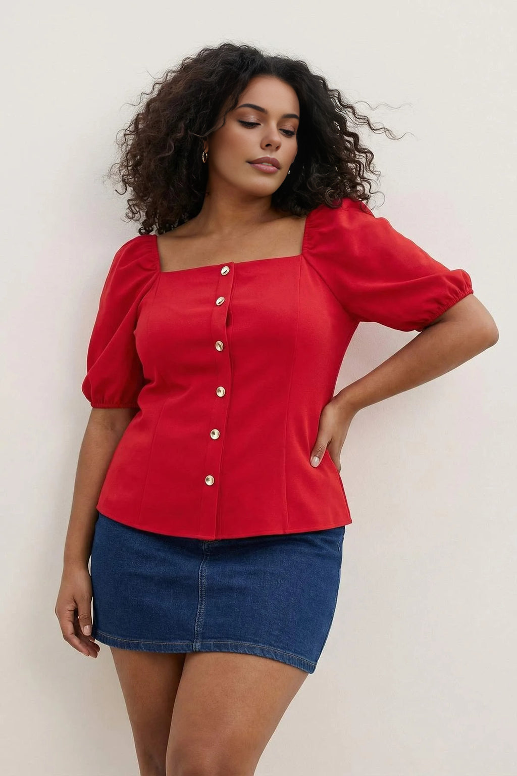 Square Neck Balloon Sleeve Button Detail Woven Plus Size Blouse