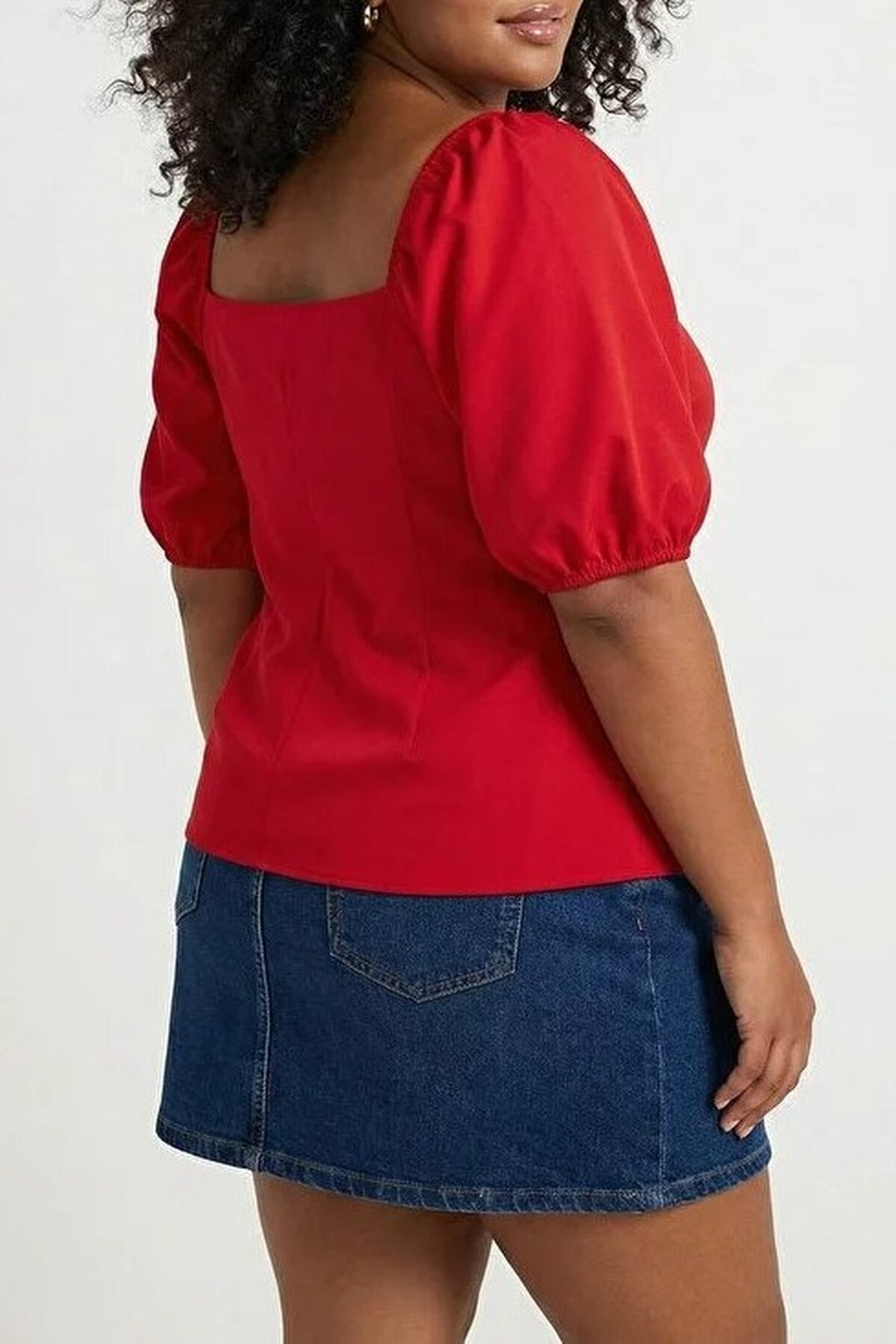 Square Neck Balloon Sleeve Button Detail Woven Plus Size Blouse