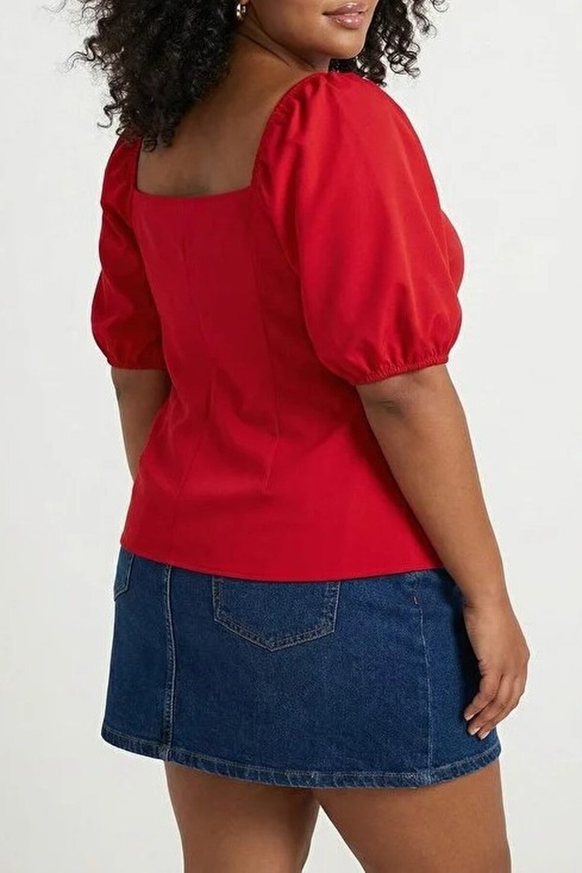 Square Neck Balloon Sleeve Button Detail Woven Plus Size Blouse