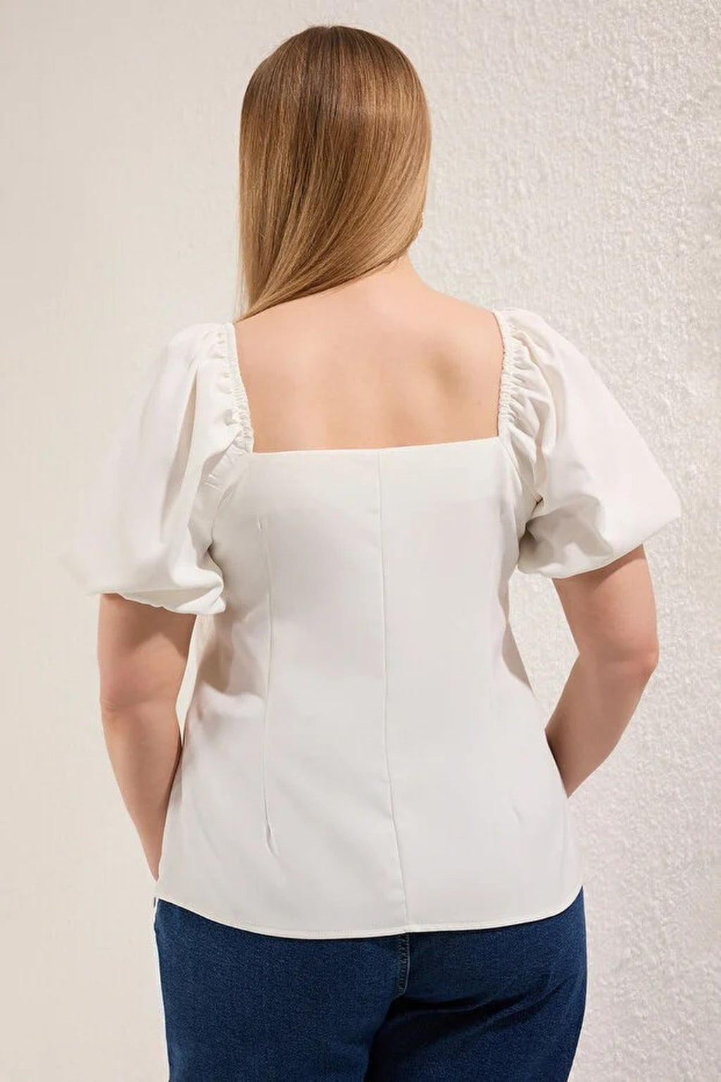 Square Neck Balloon Sleeve Button Detail Woven Plus Size Blouse