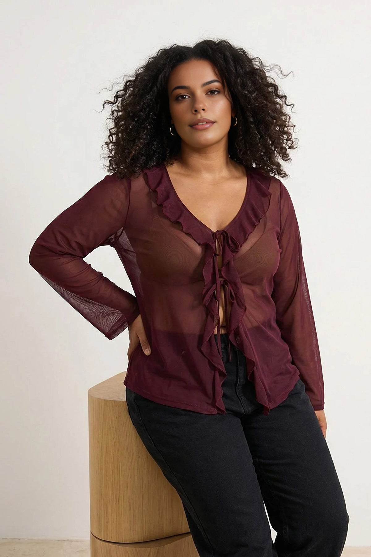 Tie-Up Tulle Knit Plus Size Blouse