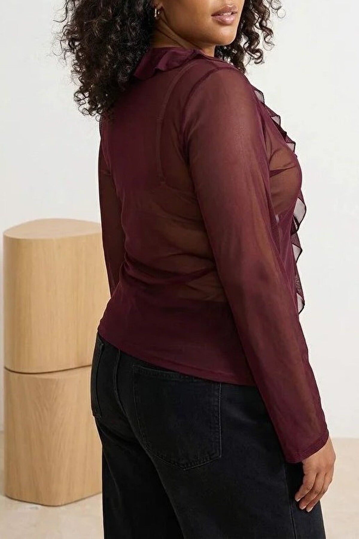Tie-Up Tulle Knit Plus Size Blouse