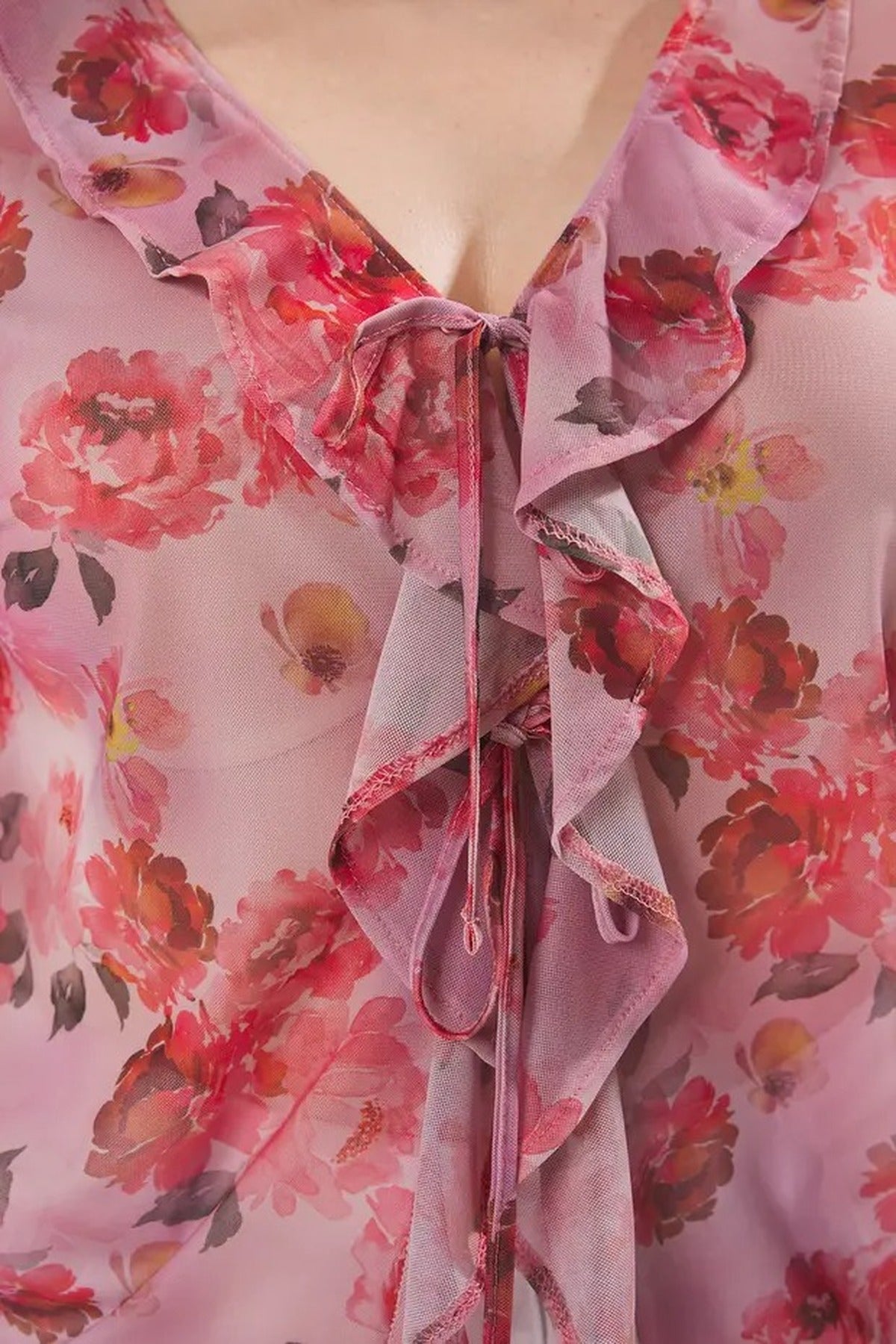 Floral Patterned Tie-Up Tulle Knit Plus Size Blouse