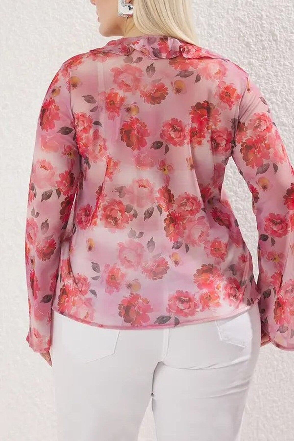 Floral Patterned Tie-Up Tulle Knit Plus Size Blouse