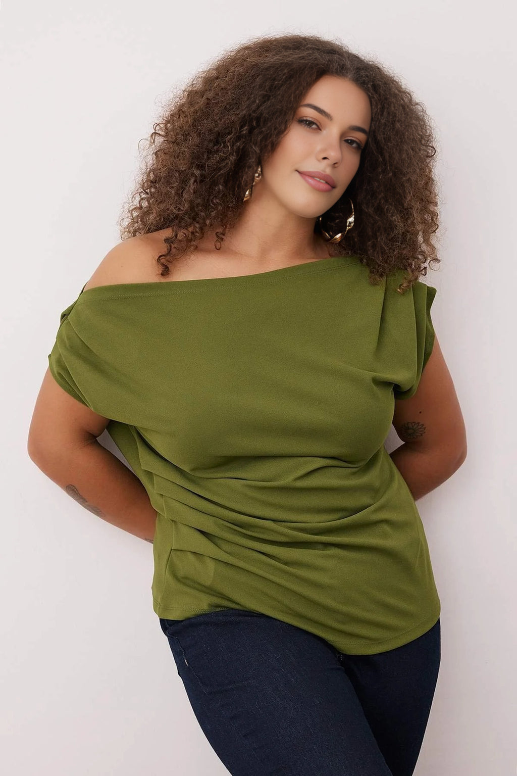 Draped Detail Asymmetrical Collar Knitted Blouse