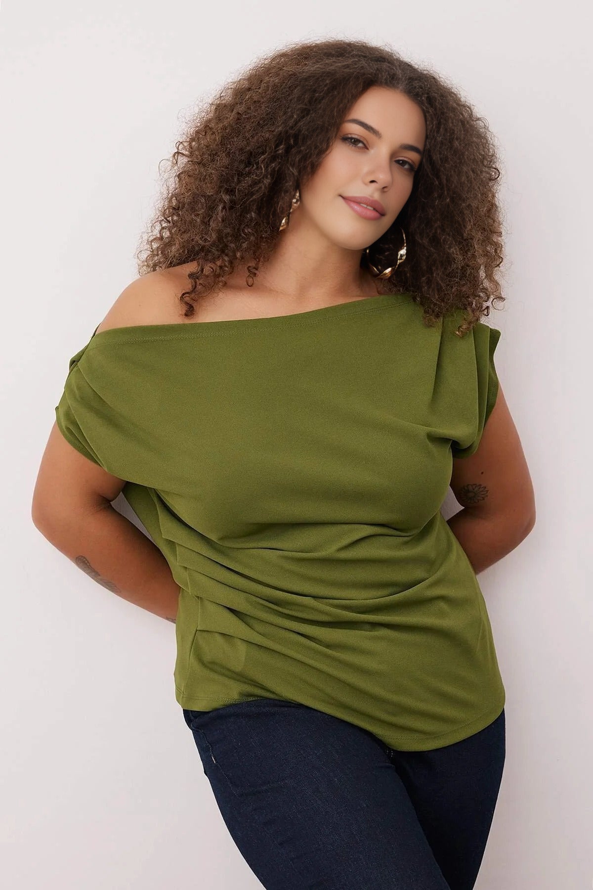 Draped Detail Asymmetrical Collar Knitted Blouse