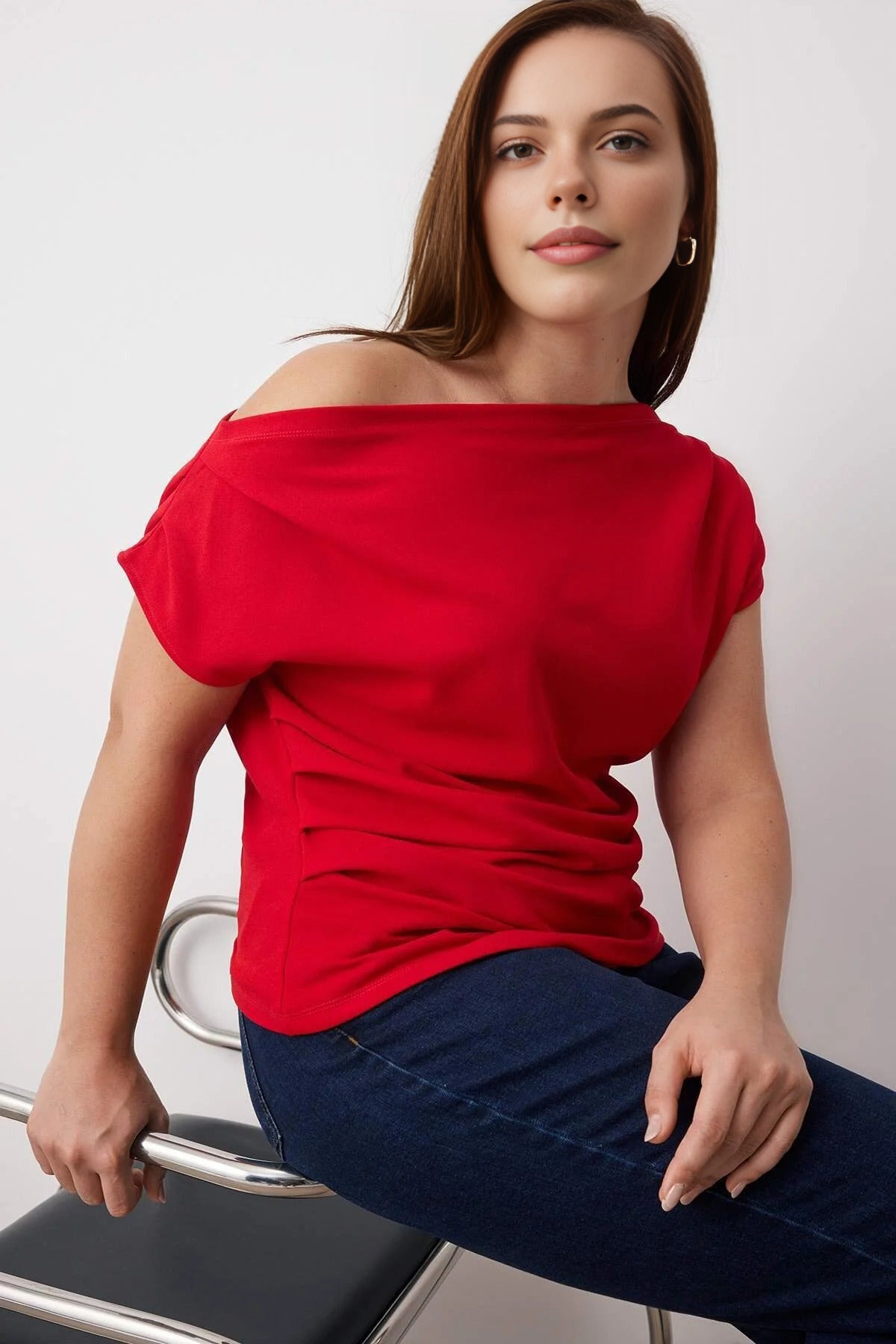 Draped Detail Asymmetrical Collar Knitted Blouse