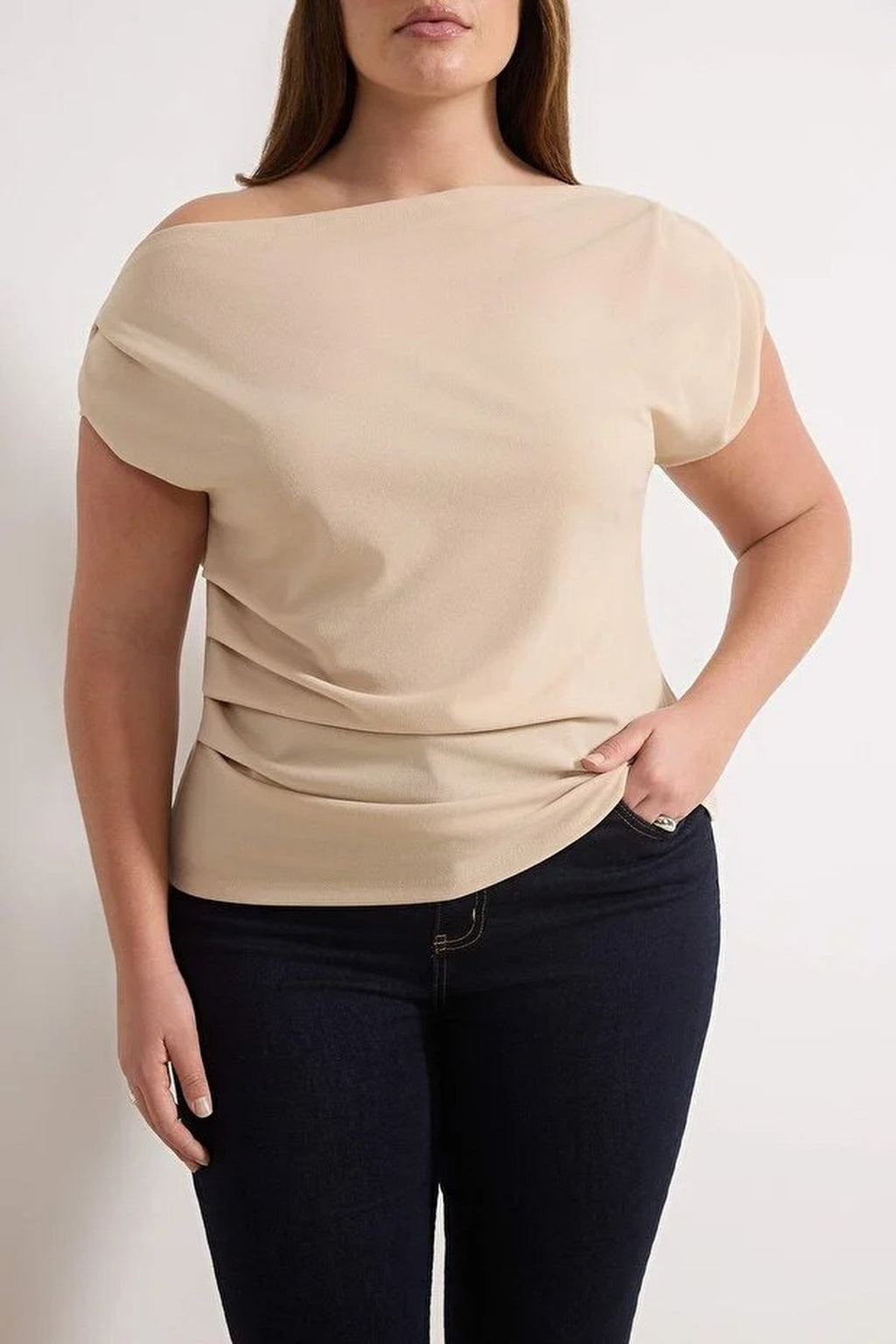Draped Detail Asymmetrical Collar Knitted Blouse