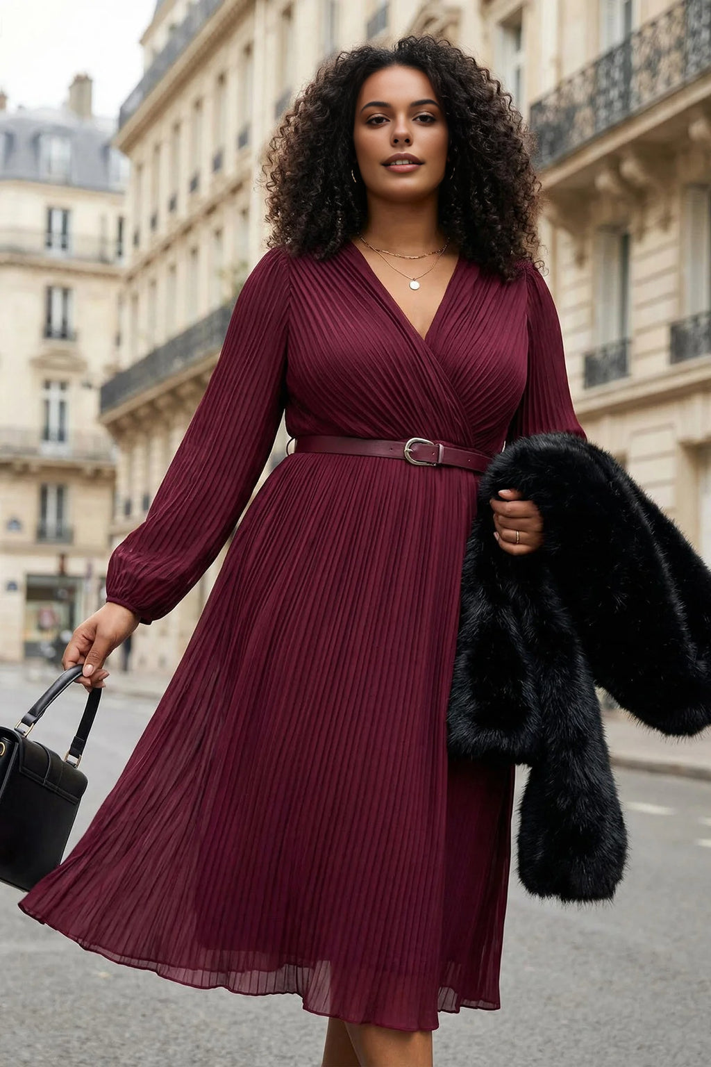 Pleated Belted Midi Woven Plus Size Dress