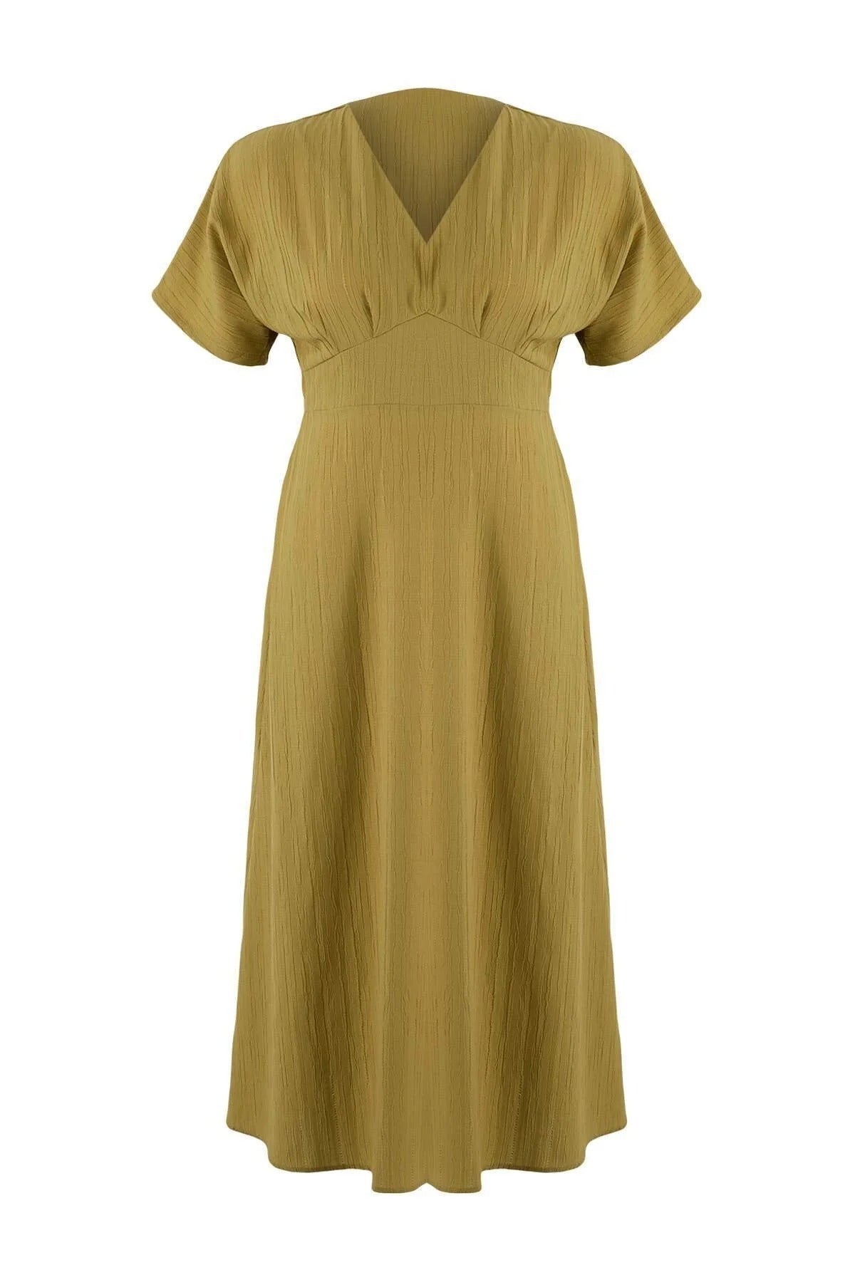 V-Neck Short Sleeve Textured Fabric Woven Maxi Plus Size Dress