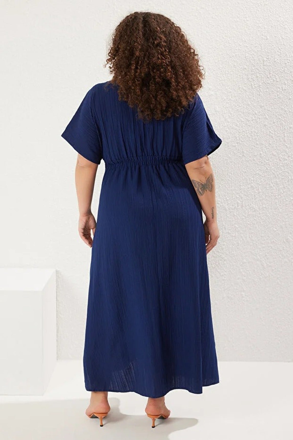 V-Neck Short Sleeve Textured Fabric Woven Maxi Plus Size Dress