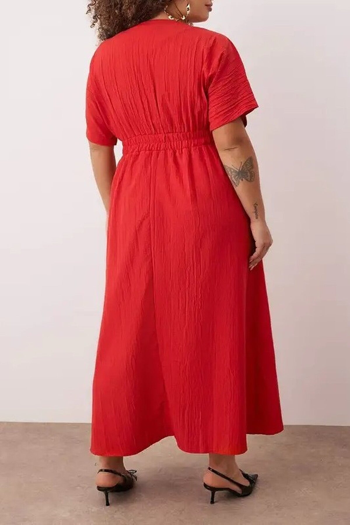 V-Neck Short Sleeve Textured Fabric Woven Maxi Plus Size Dress