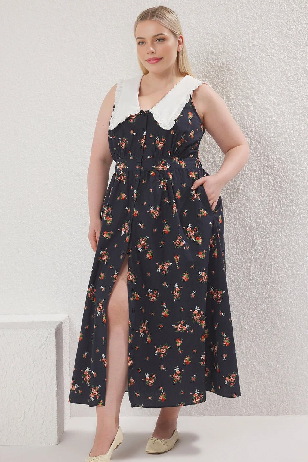 Floral Poplin 100% Cotton Midi Woven Plus Size Dress
