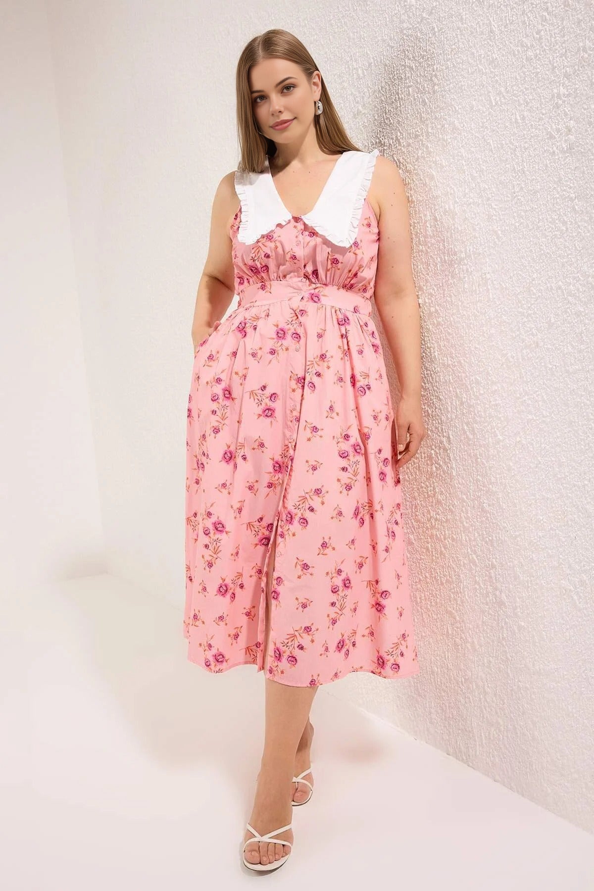 Floral Poplin 100% Cotton Midi Woven Plus Size Dress
