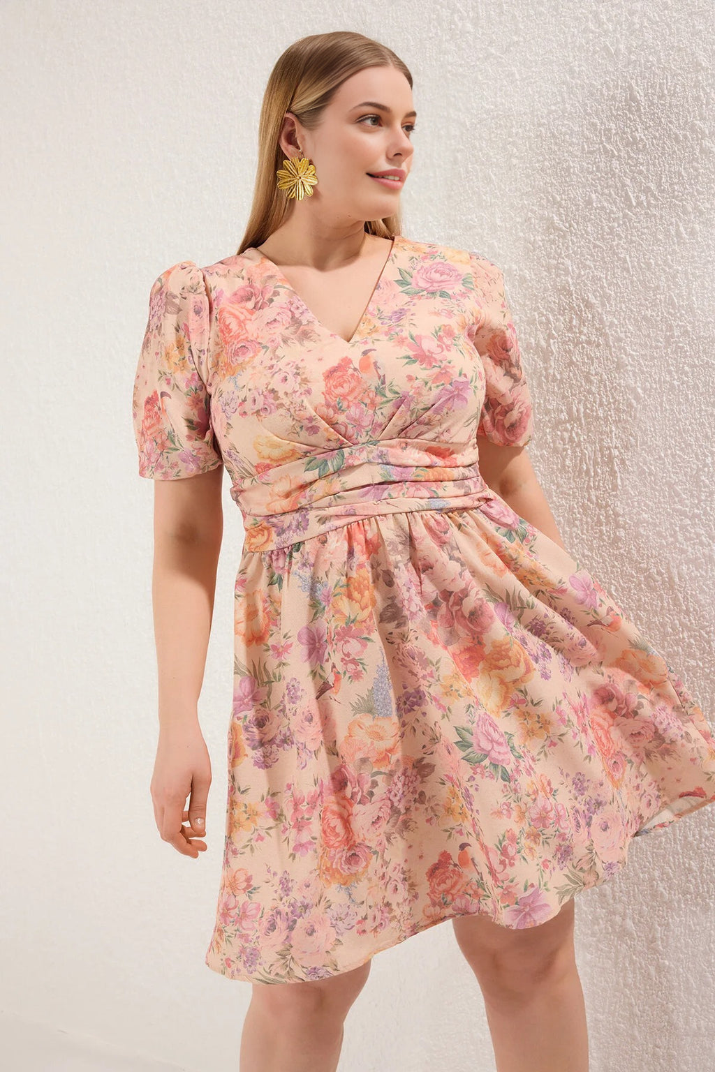 V-Neck Balloon Sleeve Woven Plus Size Dress