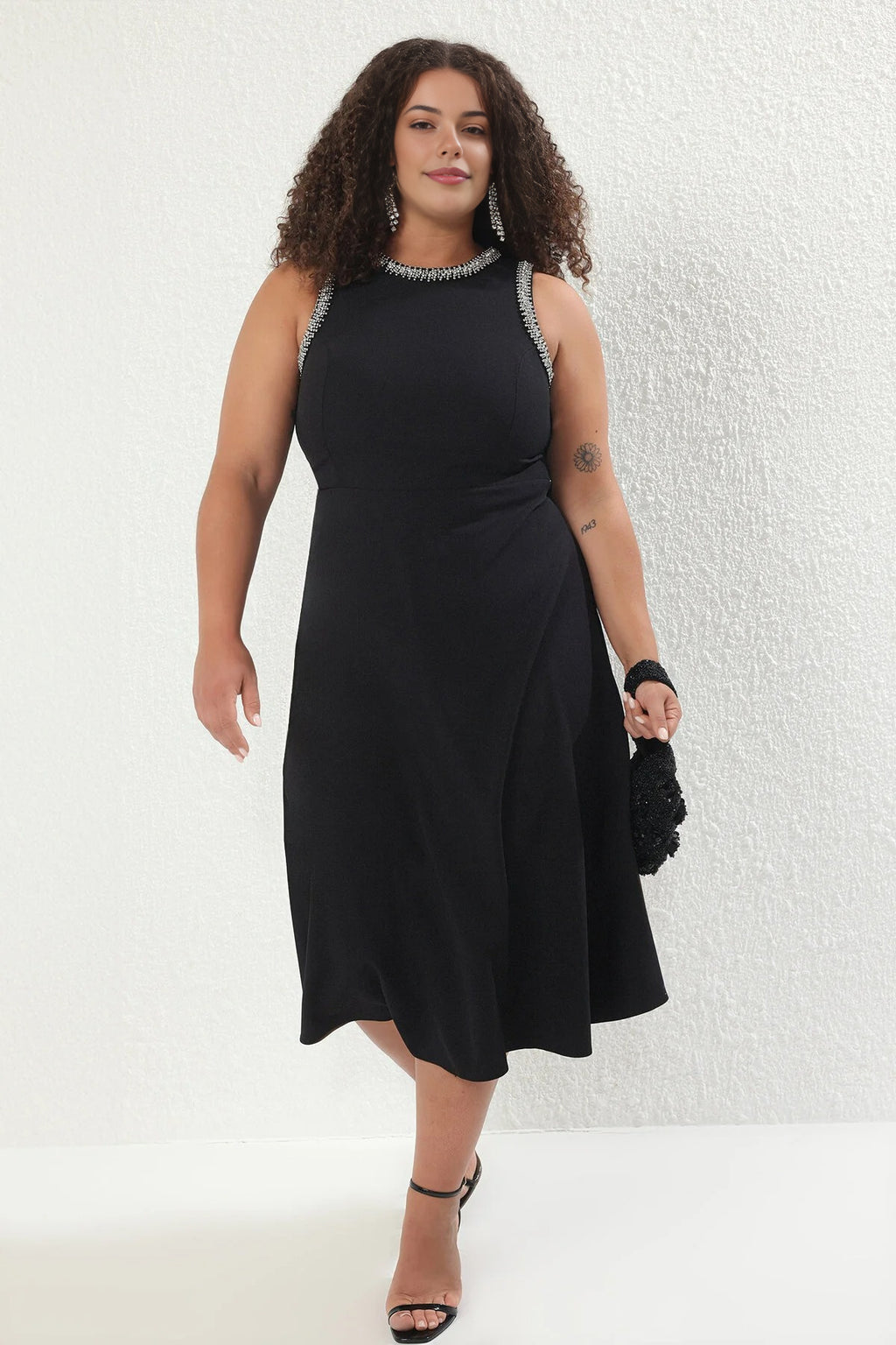Embellished Sleeveless Midi A-Line Woven Evening Dress