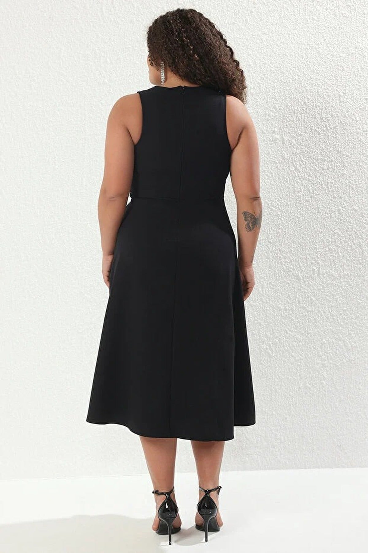 Embellished Sleeveless Midi A-Line Woven Evening Dress