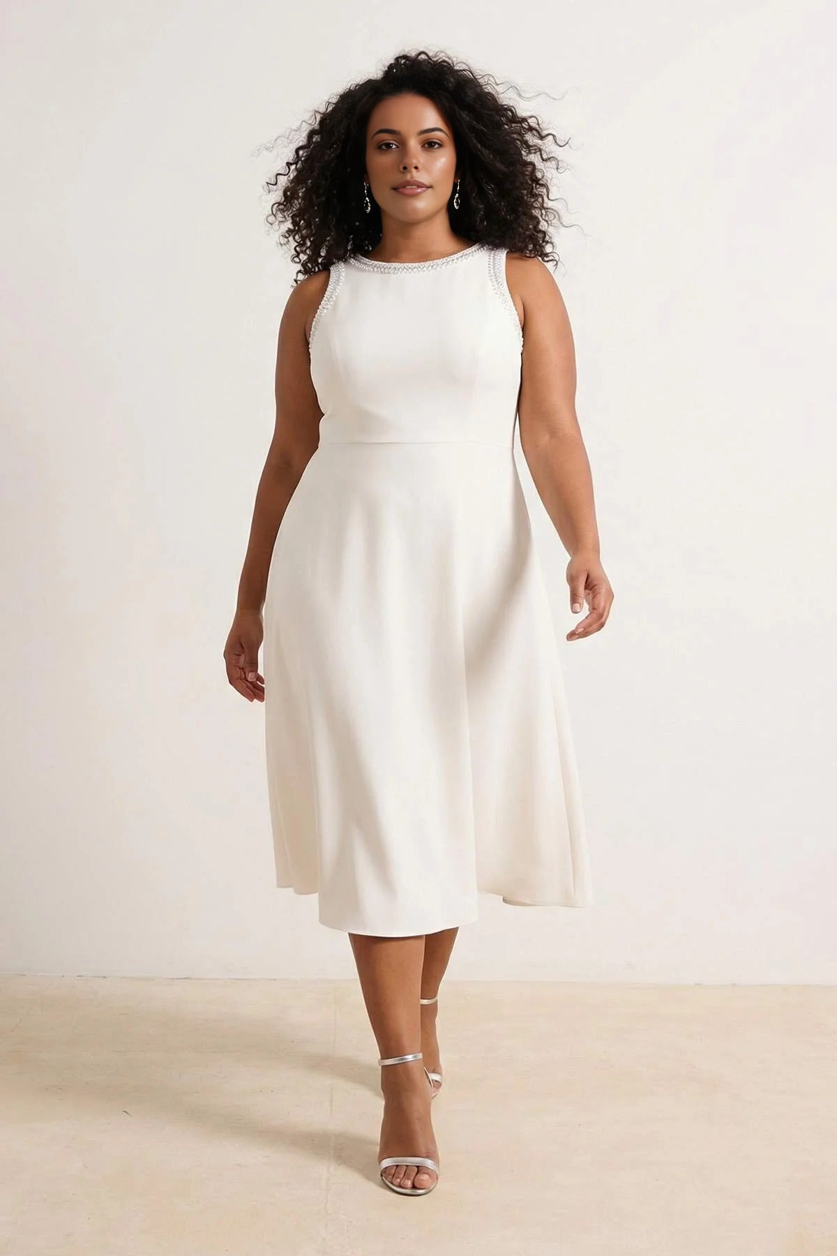 Embellished Sleeveless Midi A-Line Woven Evening Dress