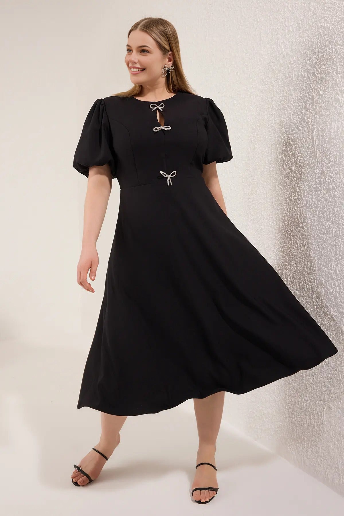 A-Line Woven Elegant Dress with Bow Detail