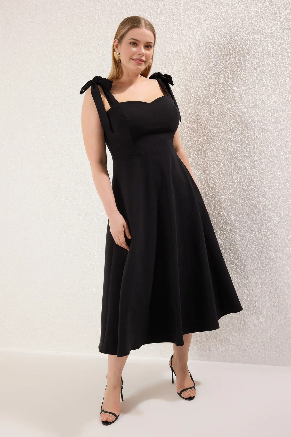 A-Line Midi Woven Evening Dresses with Strap Tie Detail