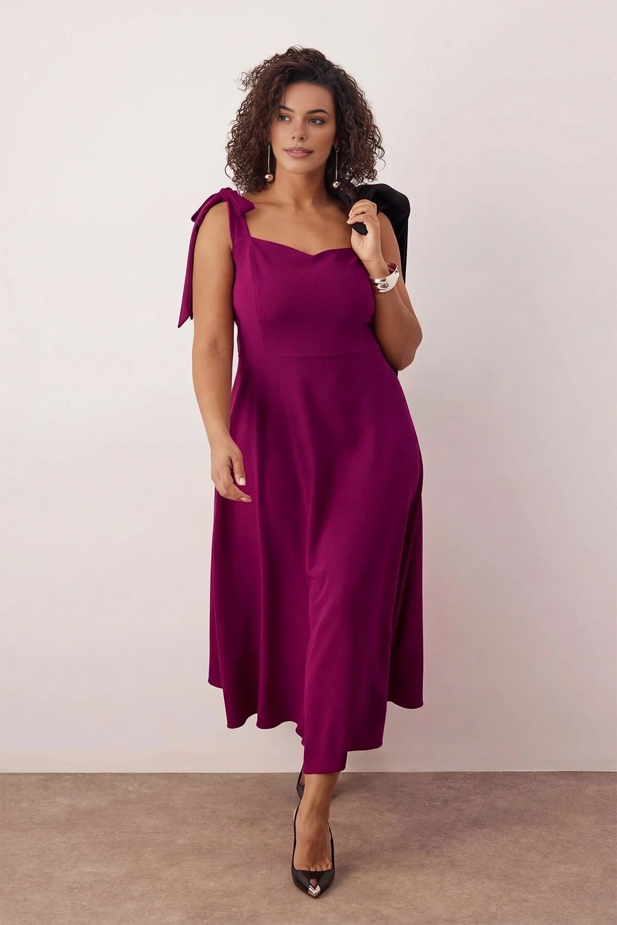 A-Line Midi Woven Evening Dresses with Strap Tie Detail
