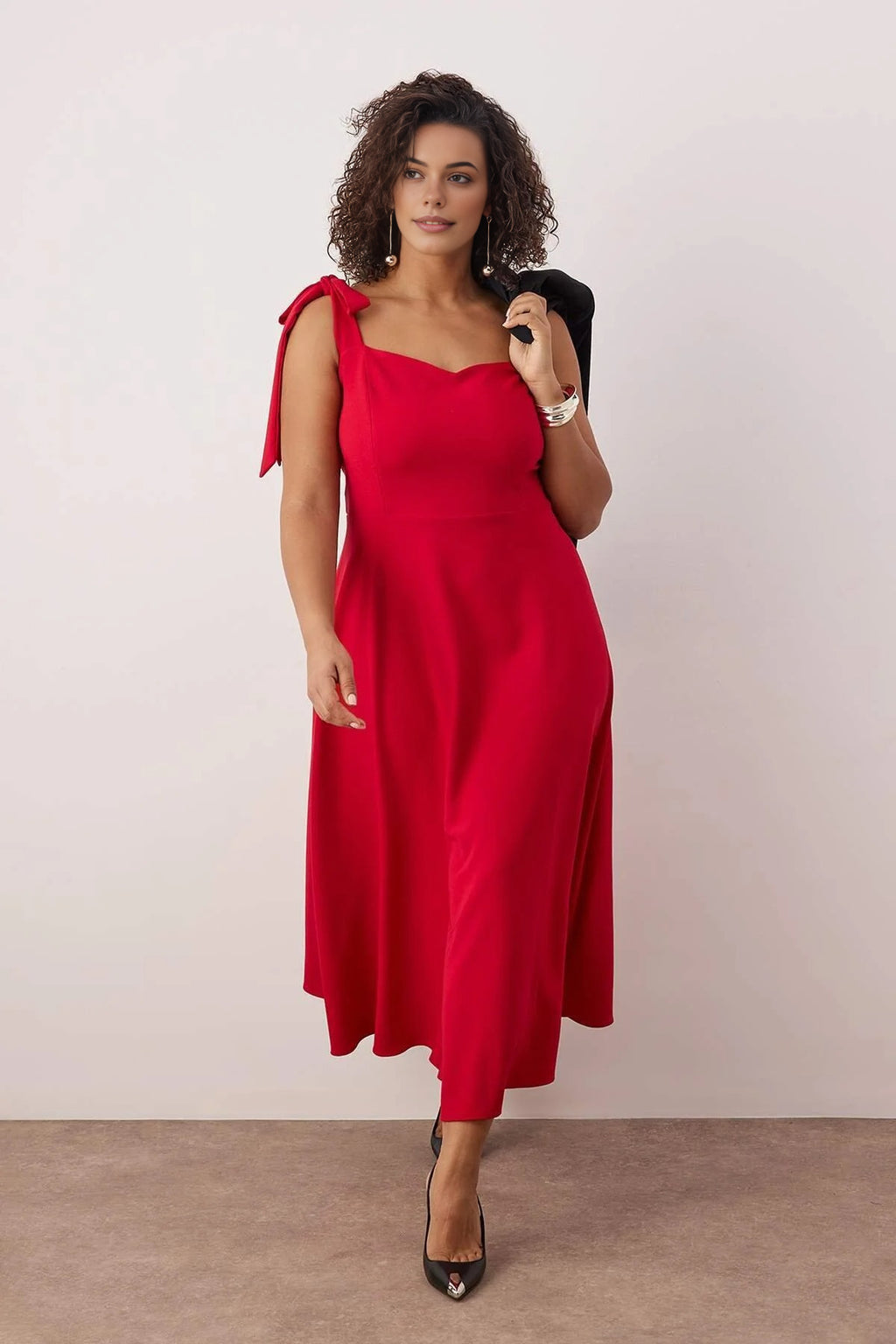 A-Line Midi Woven Evening Dresses with Strap Tie Detail
