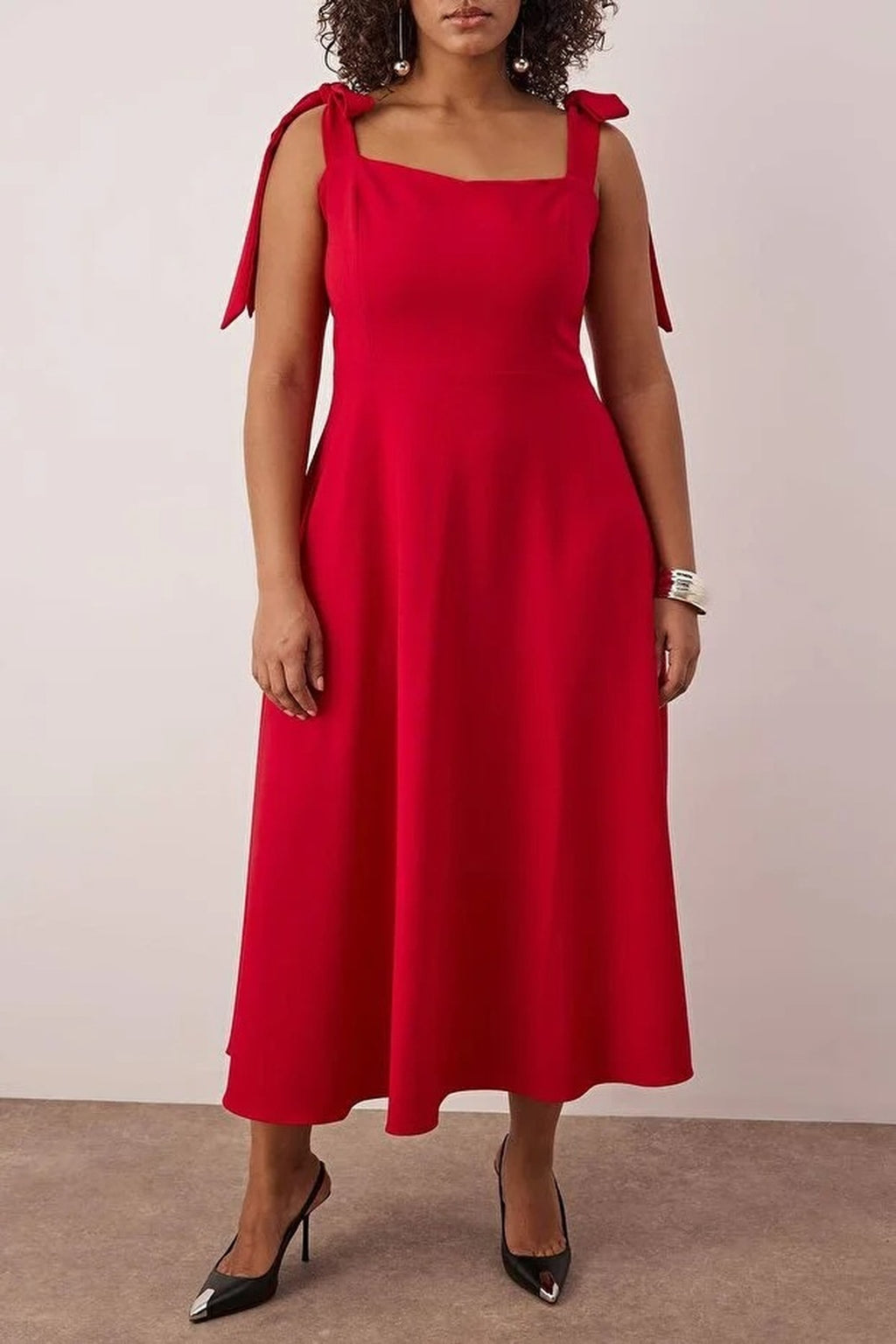 A-Line Midi Woven Evening Dresses with Strap Tie Detail
