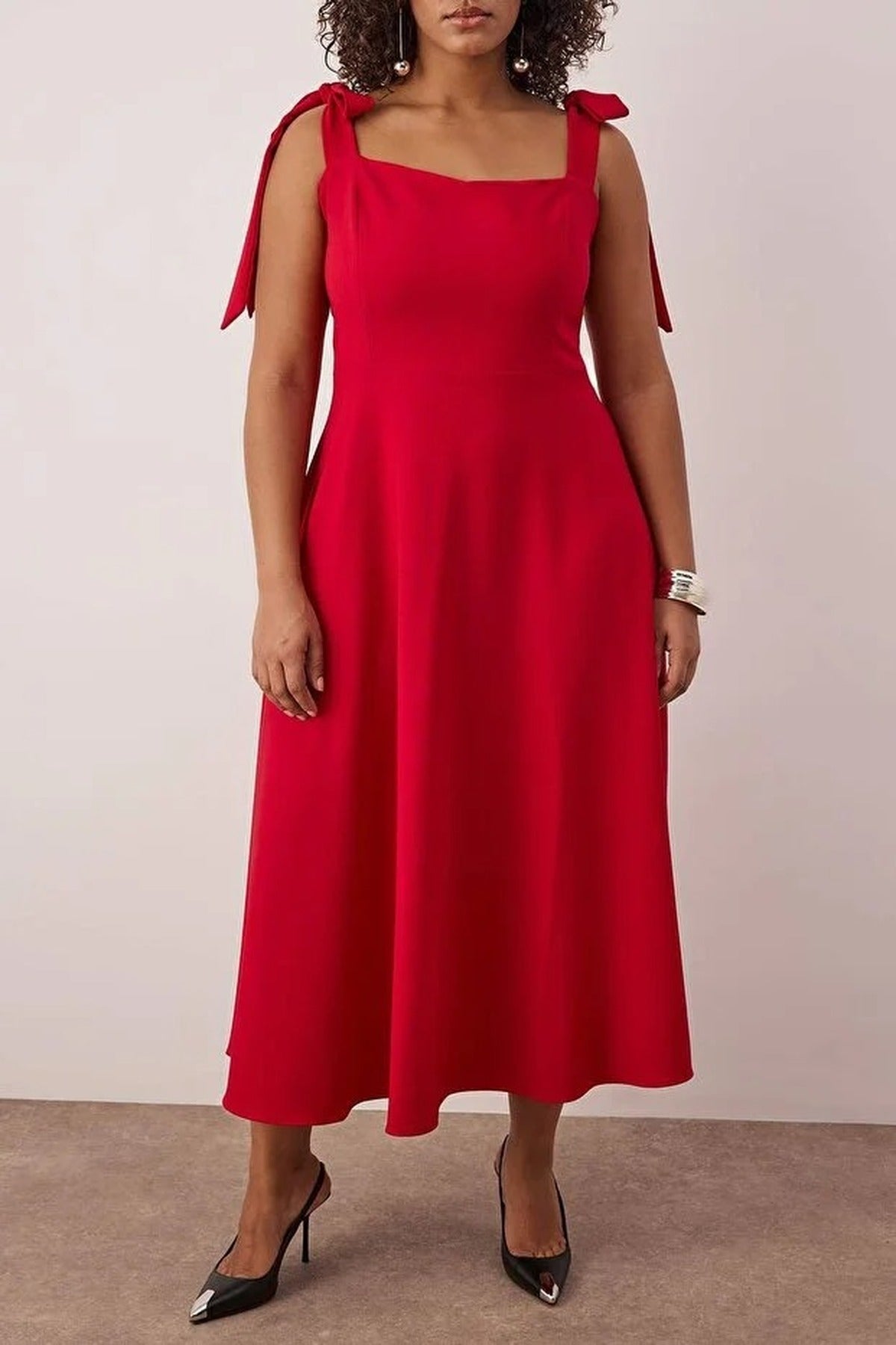 A-Line Midi Woven Evening Dresses with Strap Tie Detail