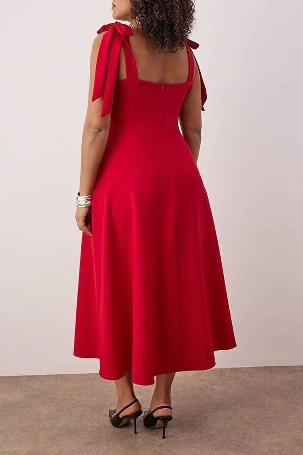 A-Line Midi Woven Evening Dresses with Strap Tie Detail